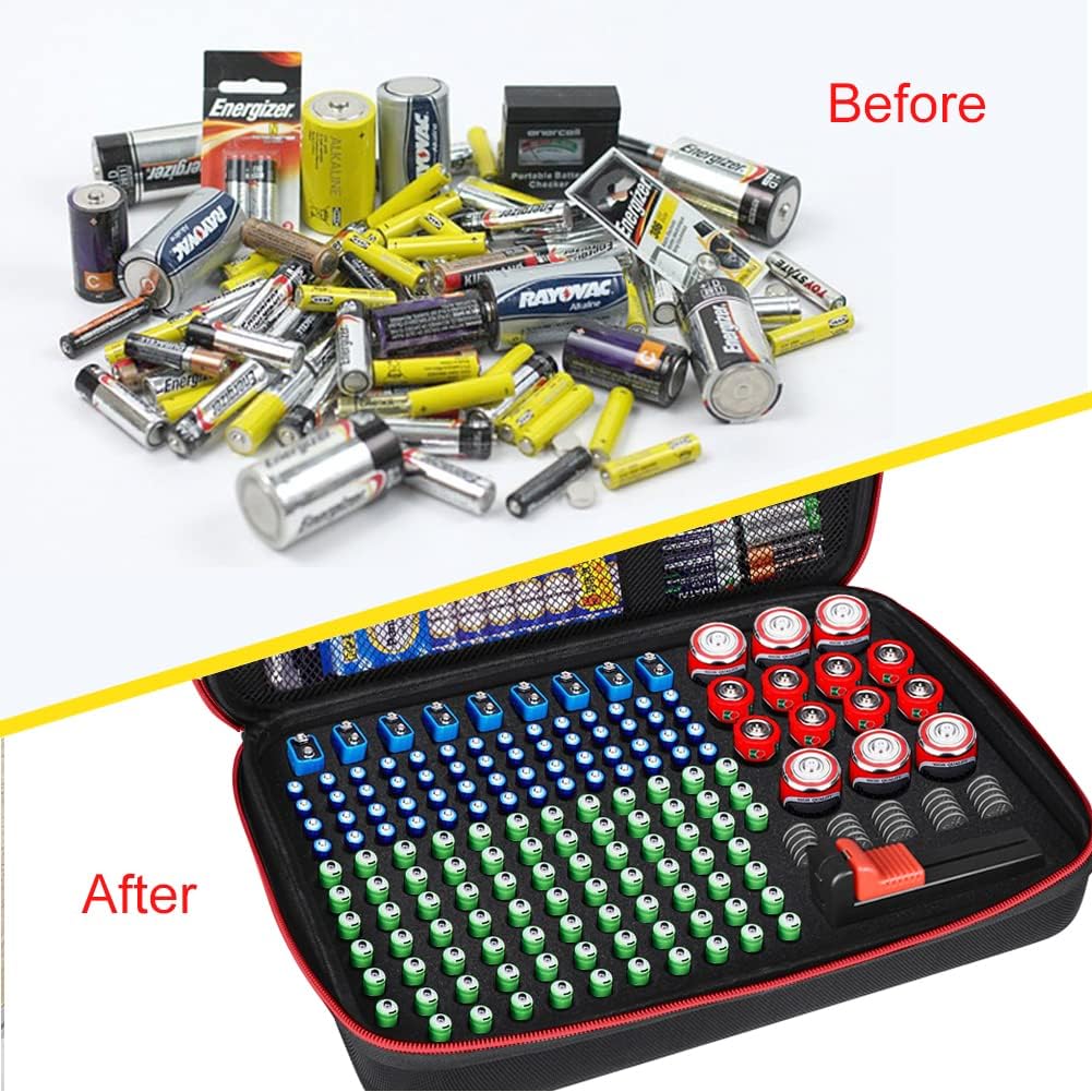 Battery Organizer Storage Box with Tester, Battery Vault Case Fireproof Waterproof Explosionproof Holder Box with Tester BT-168 Checker Carrying Case Container Bag Fit for 200+ Batteries AA AAA C D 9V