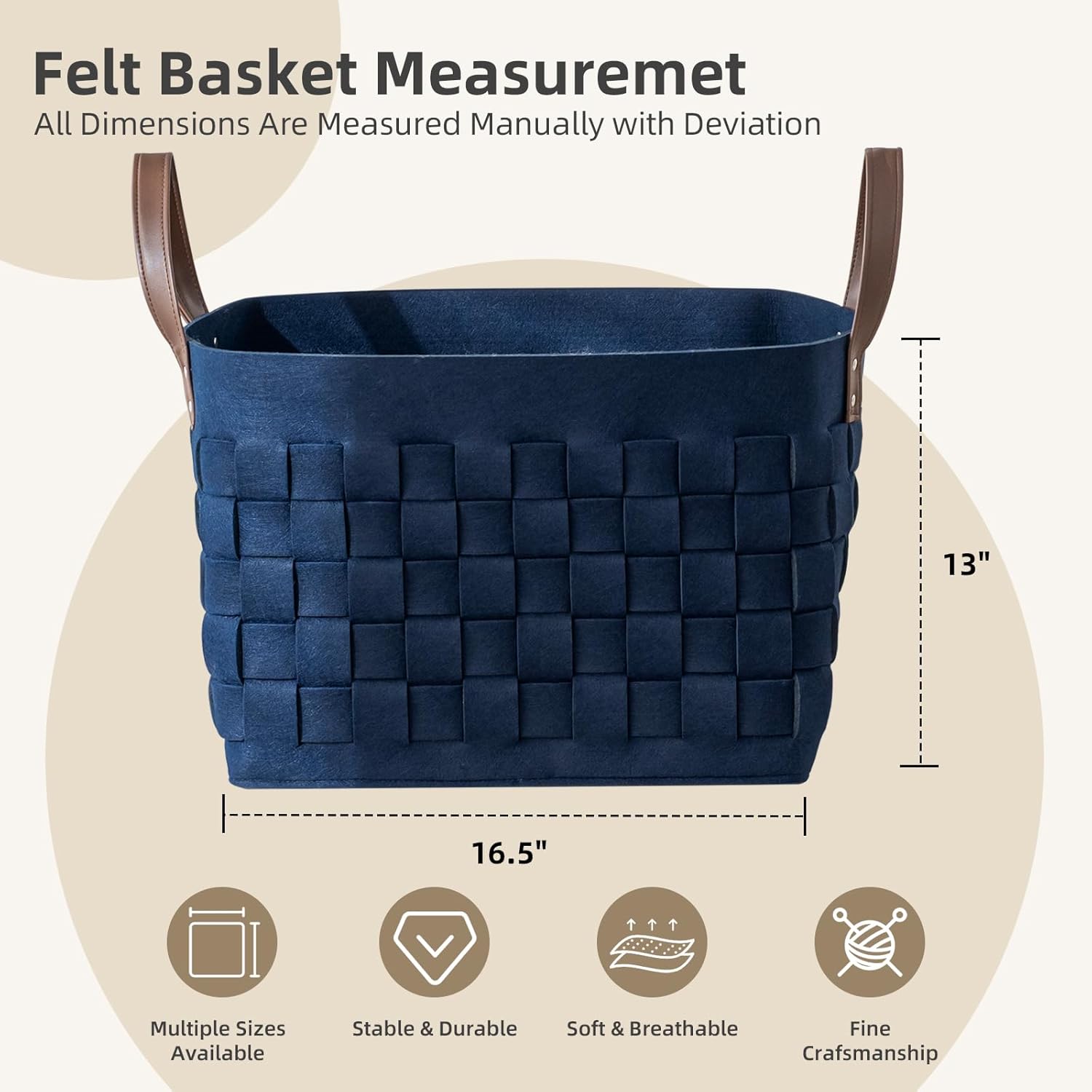 boldmonkey Blankets Basket 16.5 " x13 x13 , Extra Large Rectangular Laundry Hamper with Leather Handle, Soft Dog Toy Basket for Storage-Navy Blue