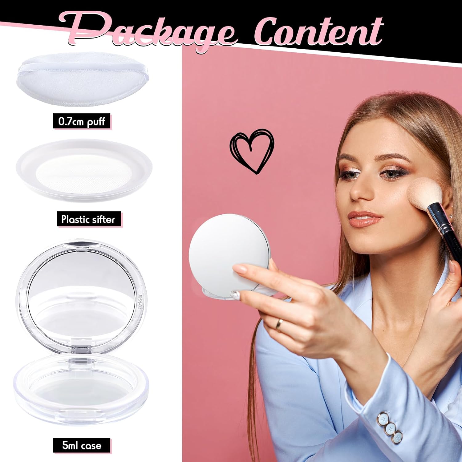 Cunhill 2 Pcs Loose Powder Container with Puff 0.17/0.7 oz Reusable Plastic Portable DIY Makeup Empty Powder Case with Mirror and Net Sifter(Silver, Black)