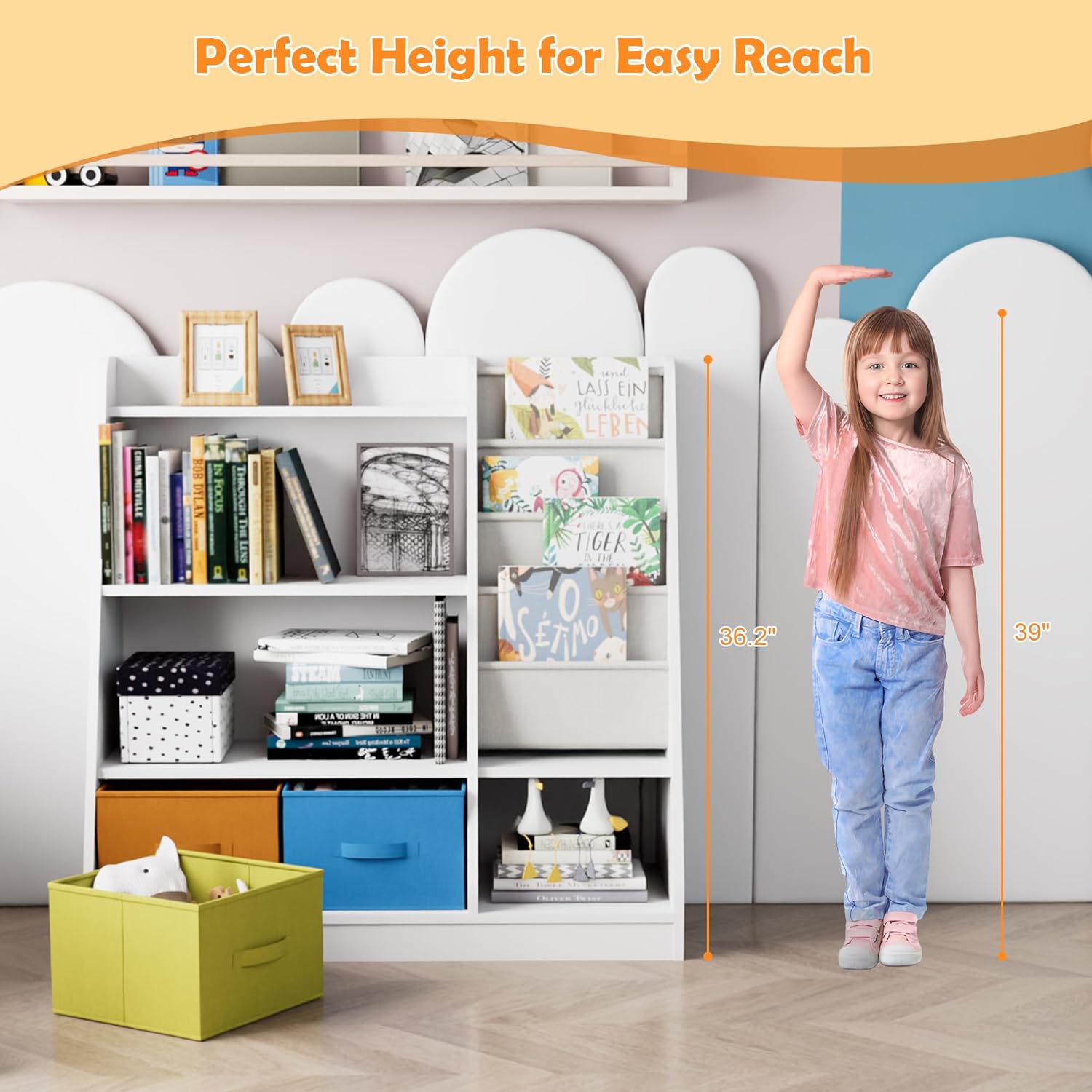 Kids Bookshelf Wood Montessori Toy Storage Organizer Cabinet Shelf Child Bookcase Toddler Baby Sling Book Rack 3 Cube Bin Fabric Drawers for Playroom Bedroom Nursery School