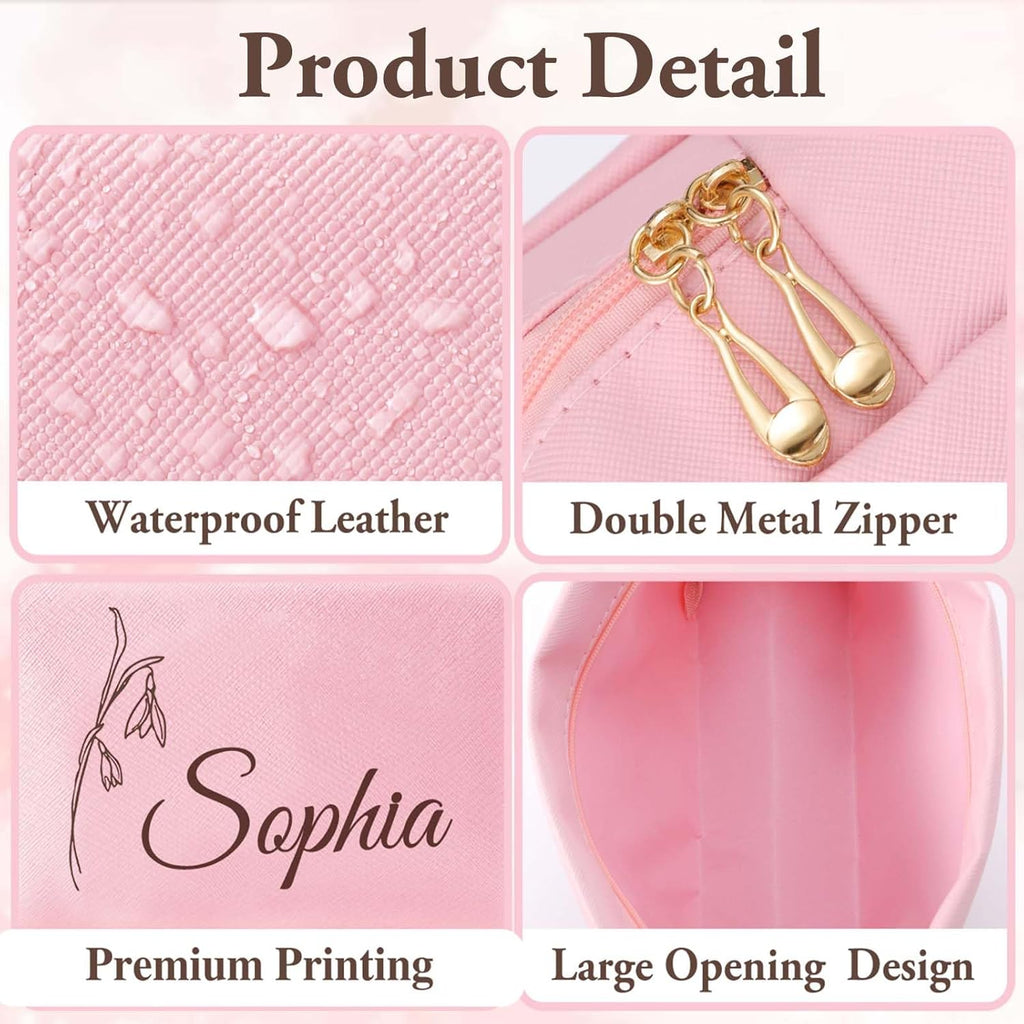 Personalized Makeup Bag with Name & Birth Flower, Custom Leather Cosmetic Bags for Women, Customized Travel Toiletry Bag Gifts for Bridesmaid Wedding