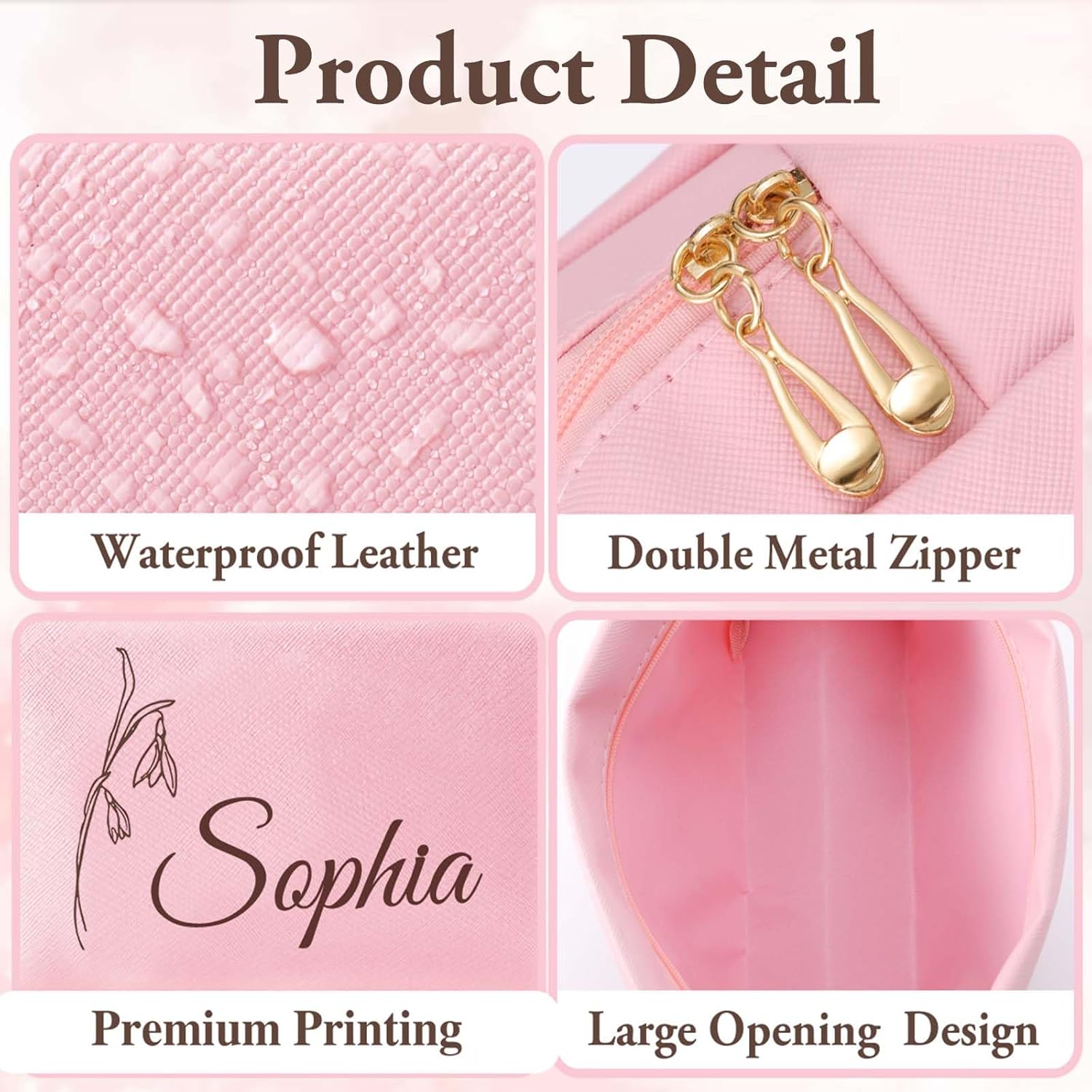 Personalized Makeup Bag with Name & Birth Flower, Custom Leather Cosmetic Bags for Women, Customized Travel Toiletry Bag Gifts for Bridesmaid Wedding