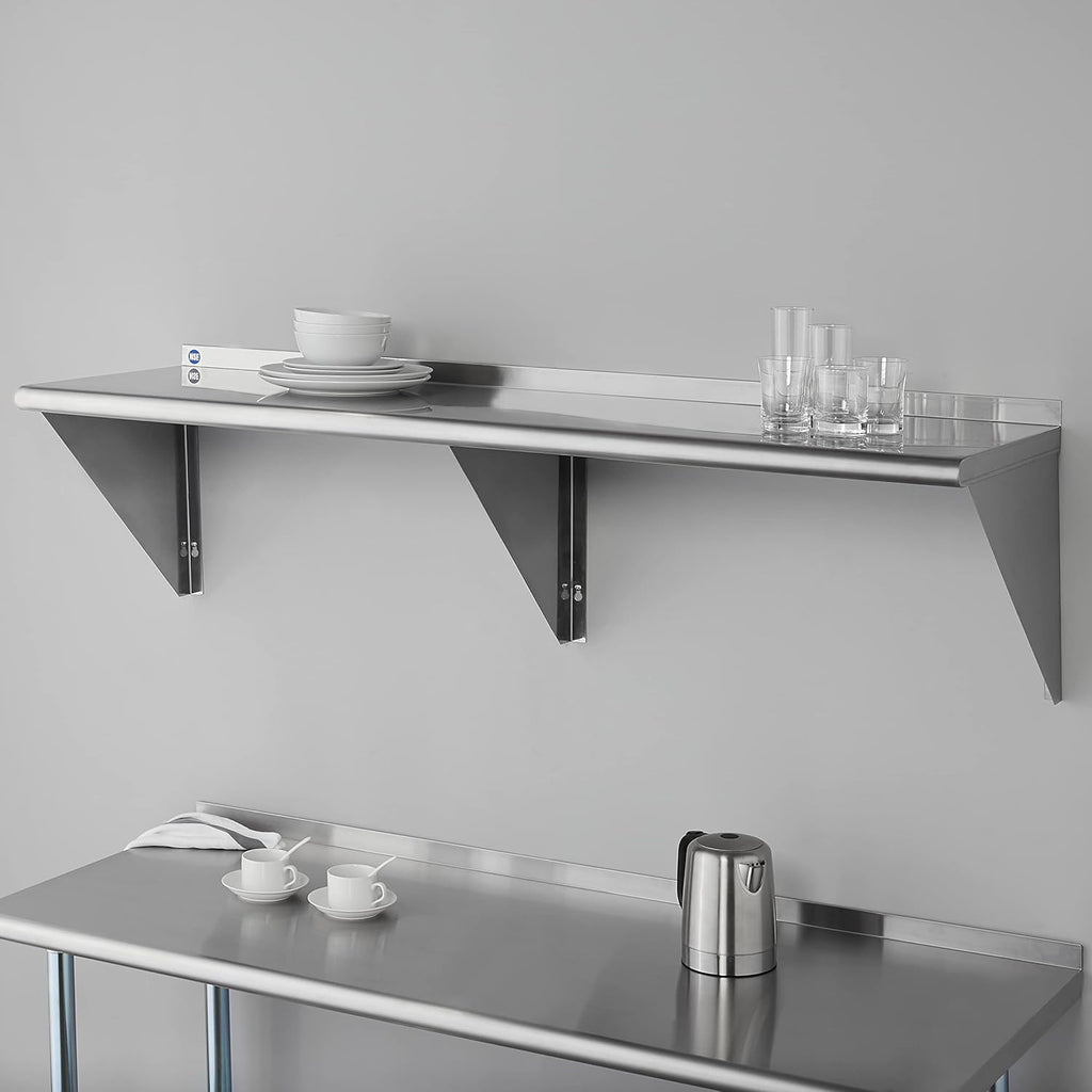 ROCKPOINT Stainless Steel Shelf 18 x 60 Inches 450lb, NSF Metal Commercial Shelves Wall Mount Floating Shelving with Backsplash for Restaurant, Kitchen, Home and Hotel, Silver
