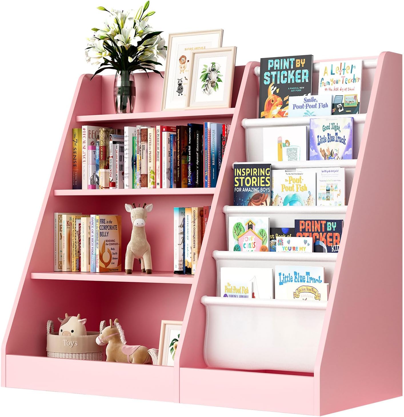 Pink 4-Tier Kids Wooden Bookshelf,5 Layer Sling Bookcase,Baby Storage Book Rack,Kids Book Toy Organizer Chest,Infant Toddler Front Facing Book Display,Playroom Classroom Nursery Church Bedroom