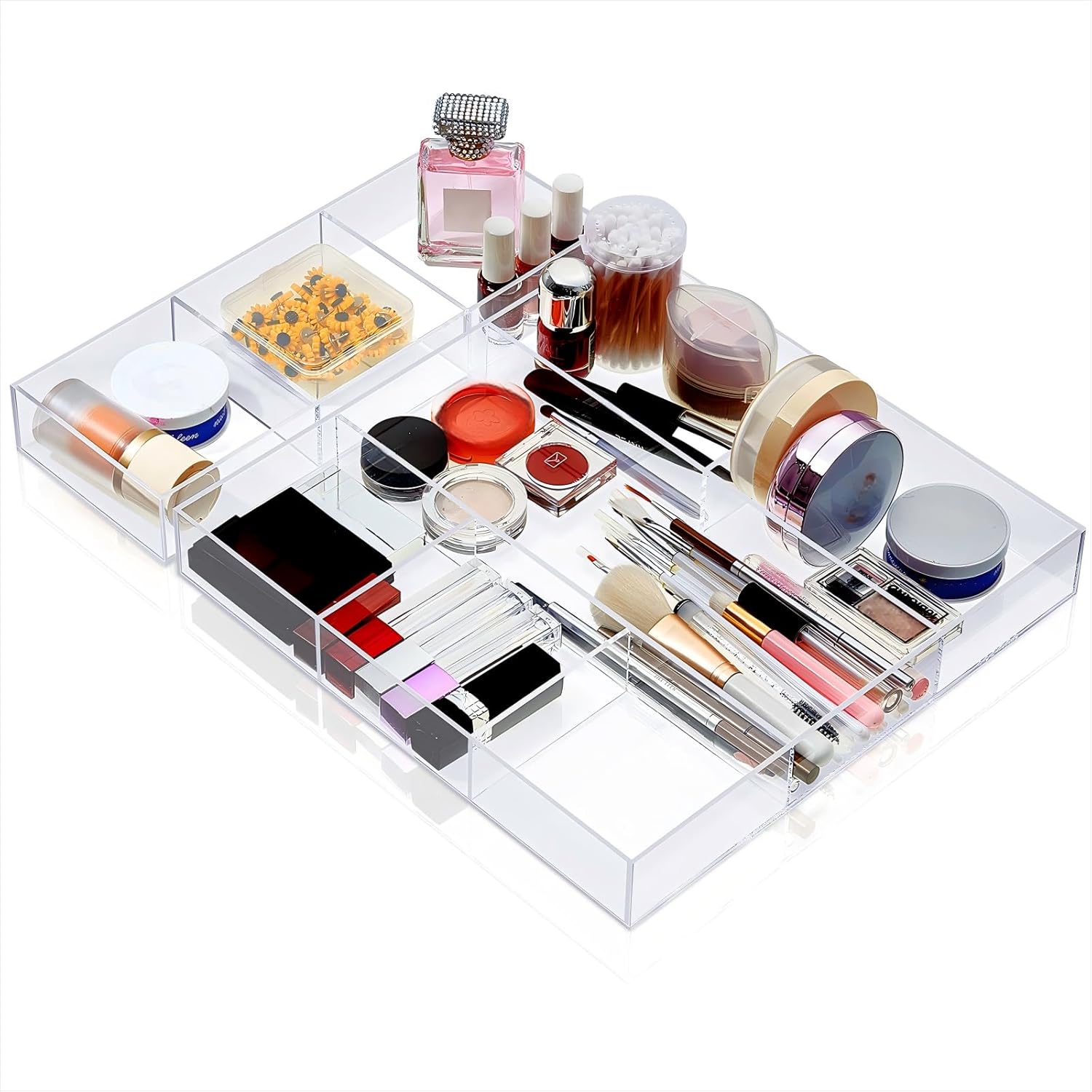 Chunful Clear Drawer Organizer 2 Pieces 6 Section Clear Desk Organizer with Dividers 3 Section Acrylic Makeup Tray Divided Drawer Inserts Sectioned Tray Makeup Storage