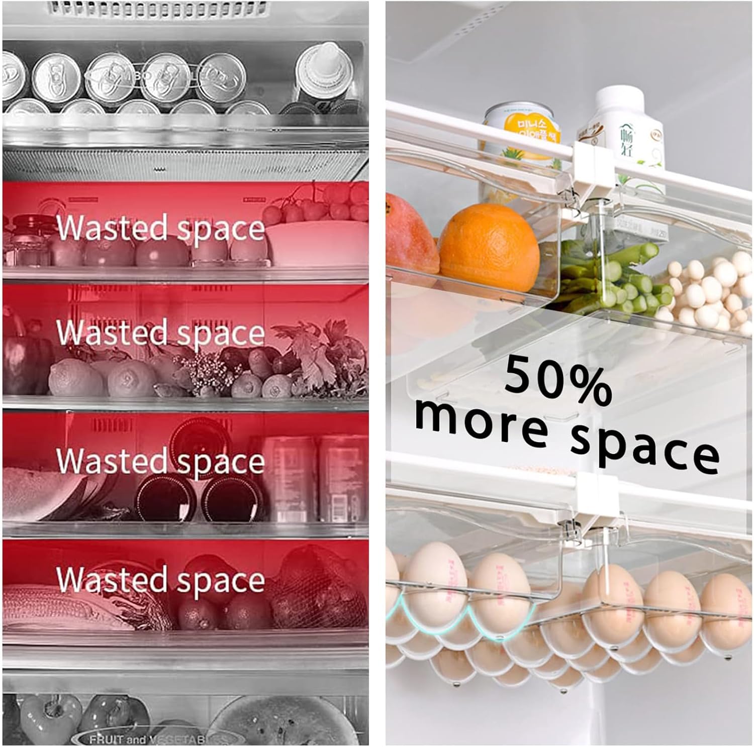 URALFA 2 Pack Fridge Drawer Organizer Egg Holder For Refrigerator Pull Out, Refrigerator Drawers for Fruit and Vegetable, Transparent Organization and Storage Box Fit for Fridge Shelf