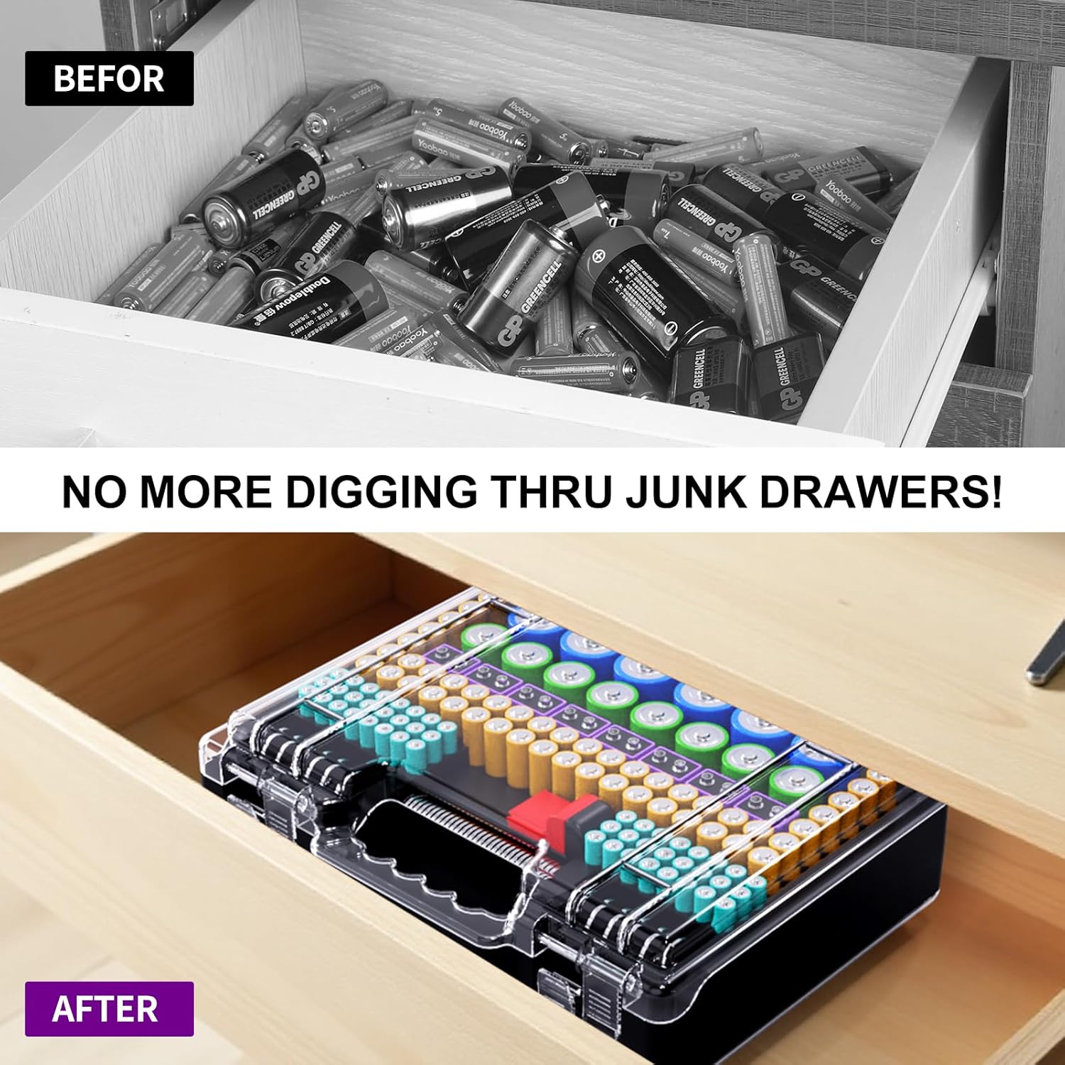 Battery Organizer Storage Holder Box Case with Tester, Ultra-Large 262+ Batteries Container with Double-Sided, Holds AA AAA 4A 23A C D Cell 9V 3V Lithium 4LR44 CR3 CR123A 18650 (Black)