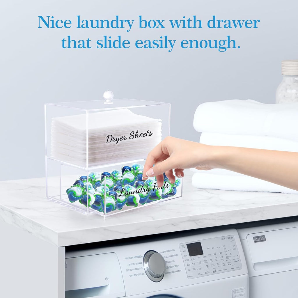 JYPS 1+1 Acrylic Dryer Sheet Holder with Drawer and Bamboo Lid, Clear Acrylic Large-Capacity Laundry Pods Container, Scent Boosters & Powder, Laundry Room Organization decor, Storage Jars Set
