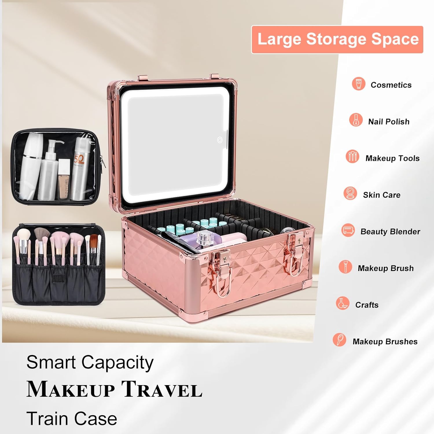 Makeup Box with Led Mirror,Travel Train Hard Case with Rechargeable Mirror Adjustable Dividers,Cosmetic Organizer Storage Bag for Makeup Artist,Appropriate Gift for Women Girls,Sparkling Rose Gold