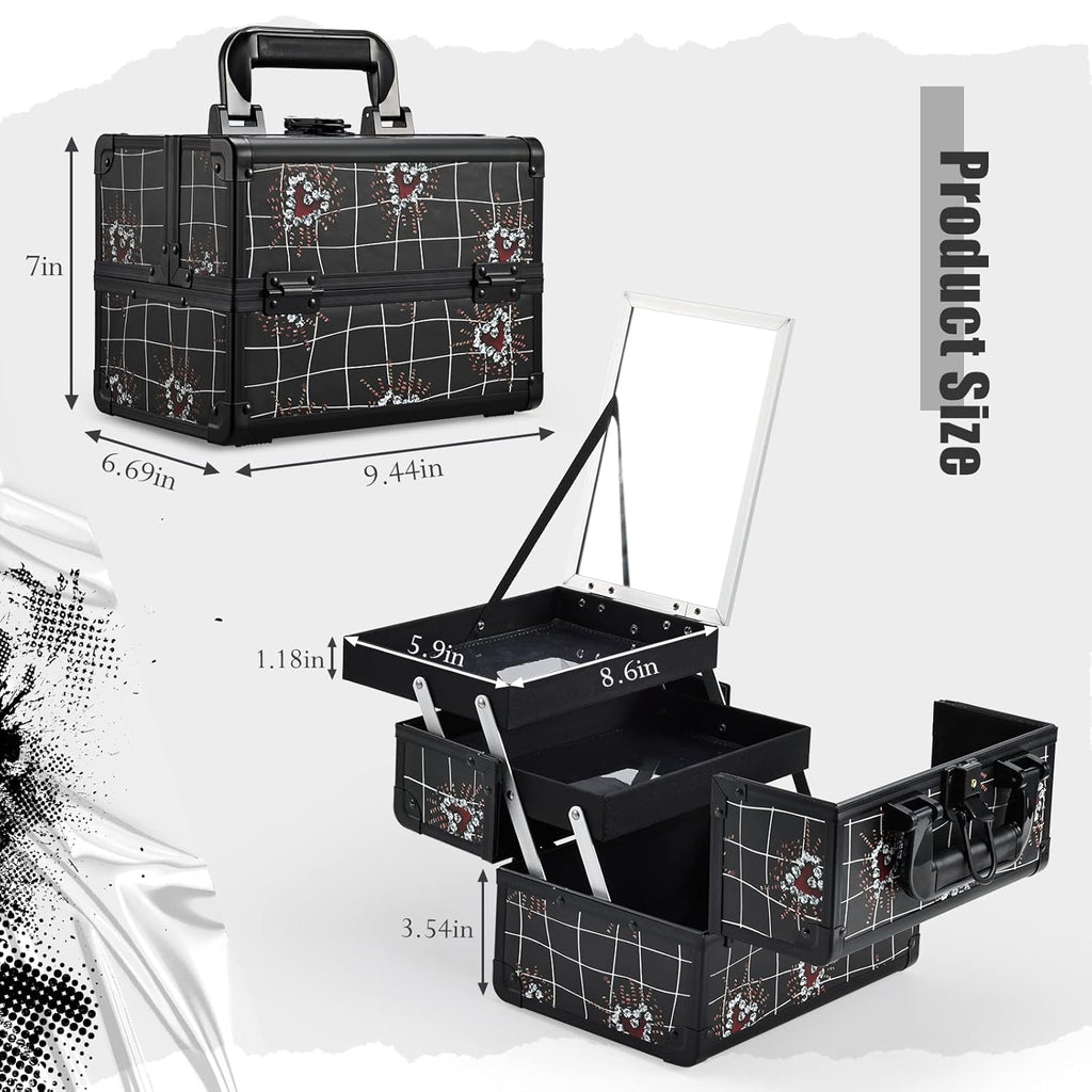 Joligrace Makeup Train Case Portable Makeup Case Organizer 2 Trays Cosmetic Box Storage with Mirror Lockable with Key for Cosmetics Nail Tech Traveling Makeup Travel Box Punk Love Hearts