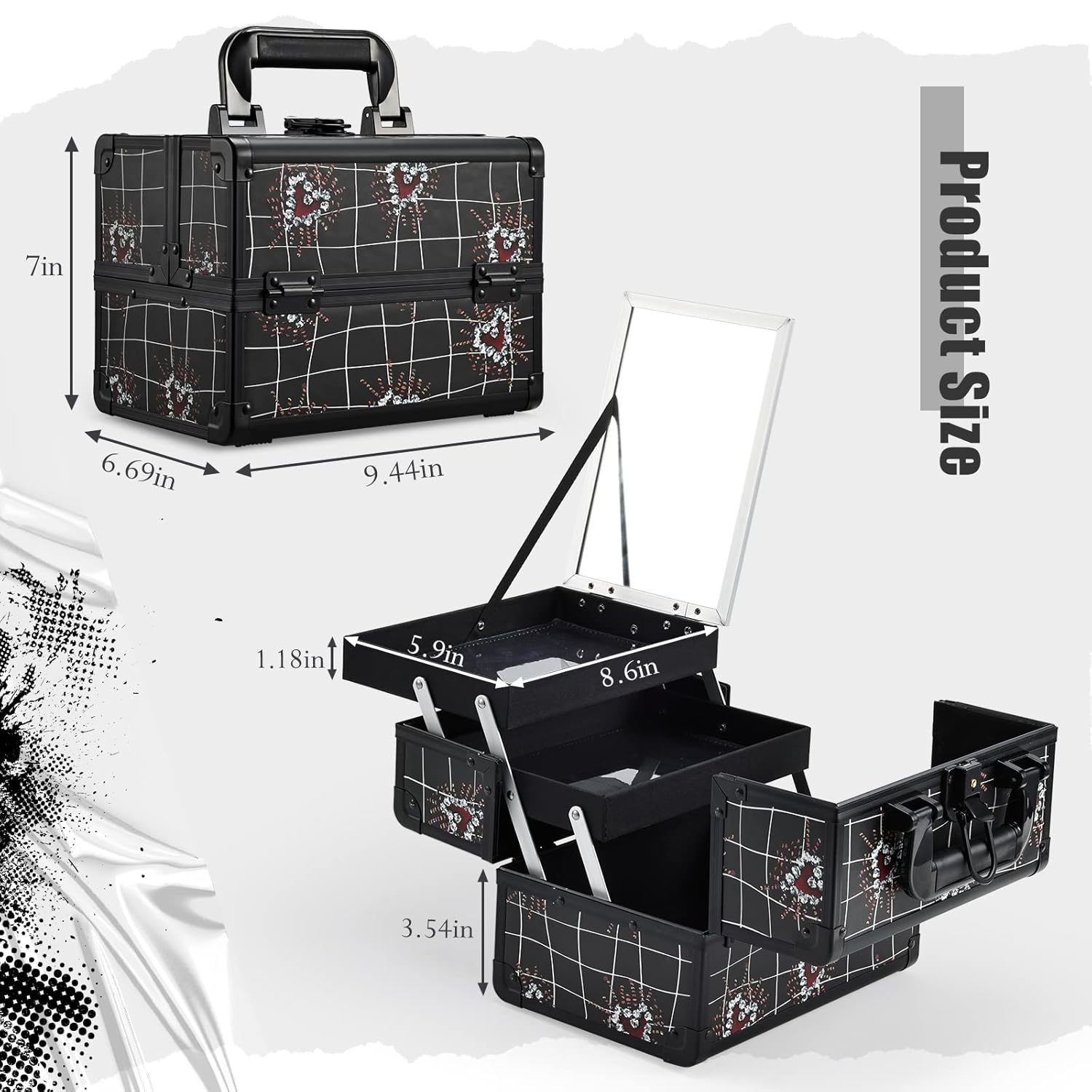 Joligrace Makeup Train Case Portable Makeup Case Organizer 2 Trays Cosmetic Box Storage with Mirror Lockable with Key for Cosmetics Nail Tech Traveling Makeup Travel Box Punk Love Hearts