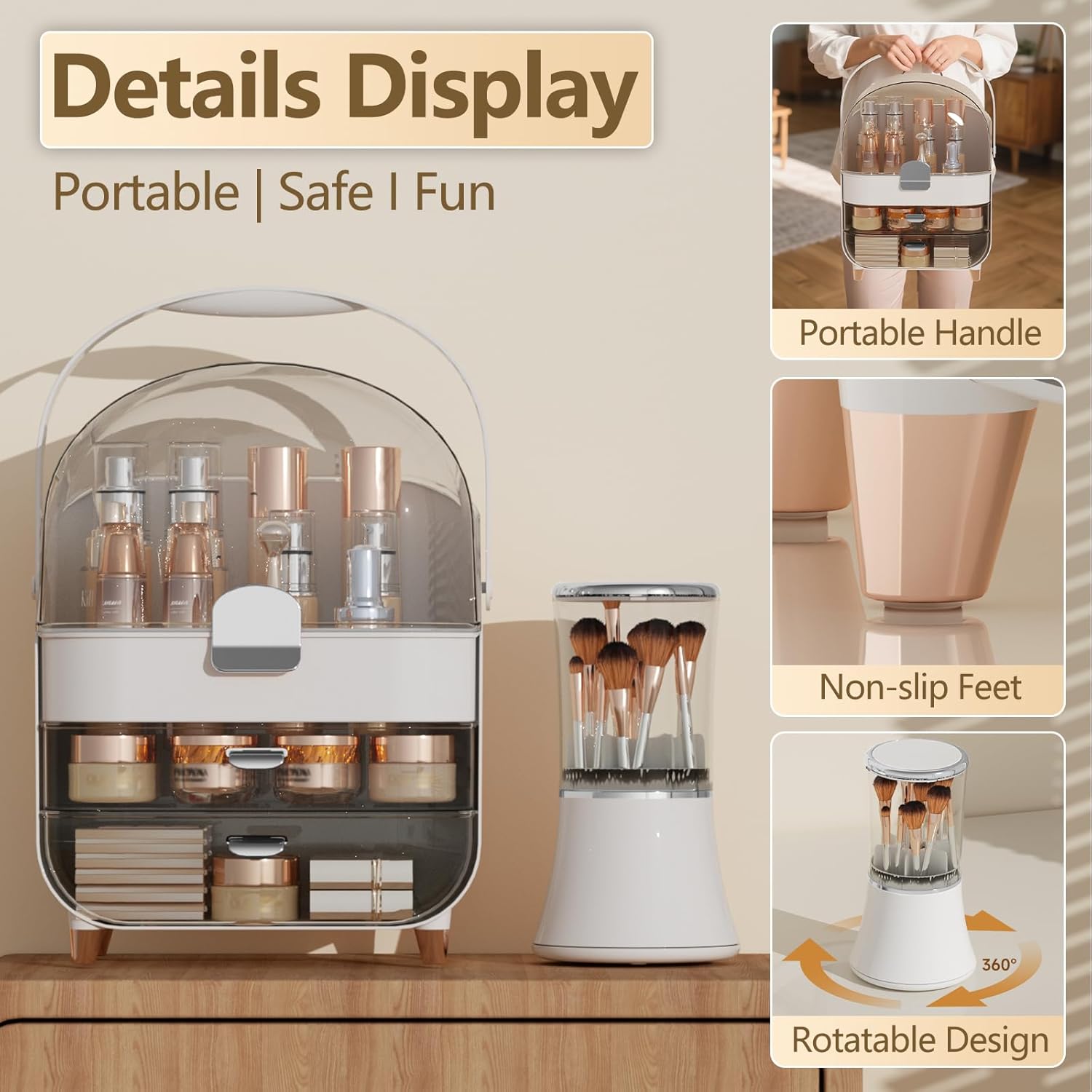 Makeup Organizer Countertop & Makeup Brush Holder with Lid 360 Rotating Clear Dustproof Skincare Holder for Vanity Bathroom Countertop, Ideal Gifts for Women, Transparent, Silver