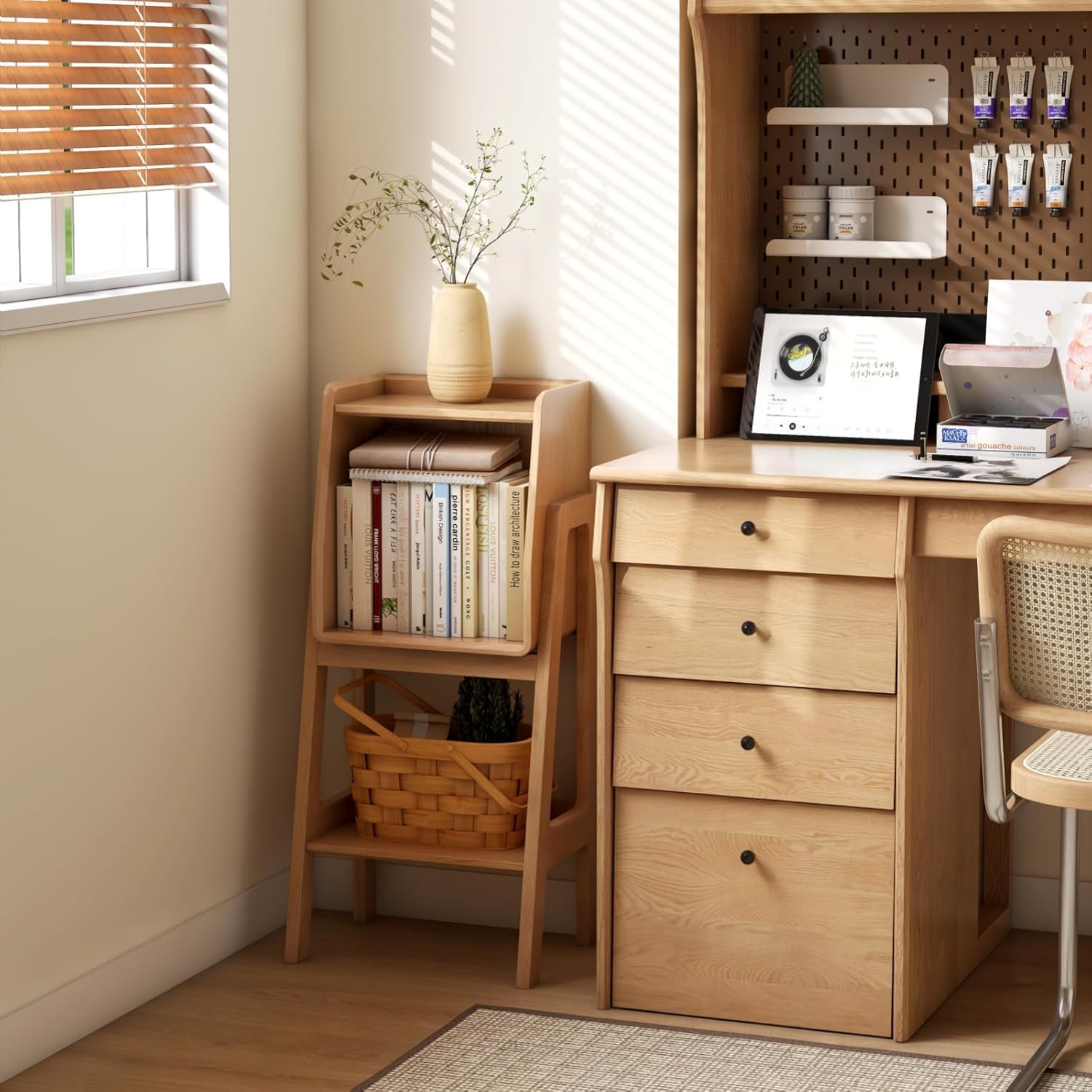 100% Solid Oak Ladder Shelf with Cabinet, 32.67" Tall Nightstand with Stable Frame for Bedroom, Small Bookcase for Living Room Nursery(Natural, Fully Assembly Furniture)