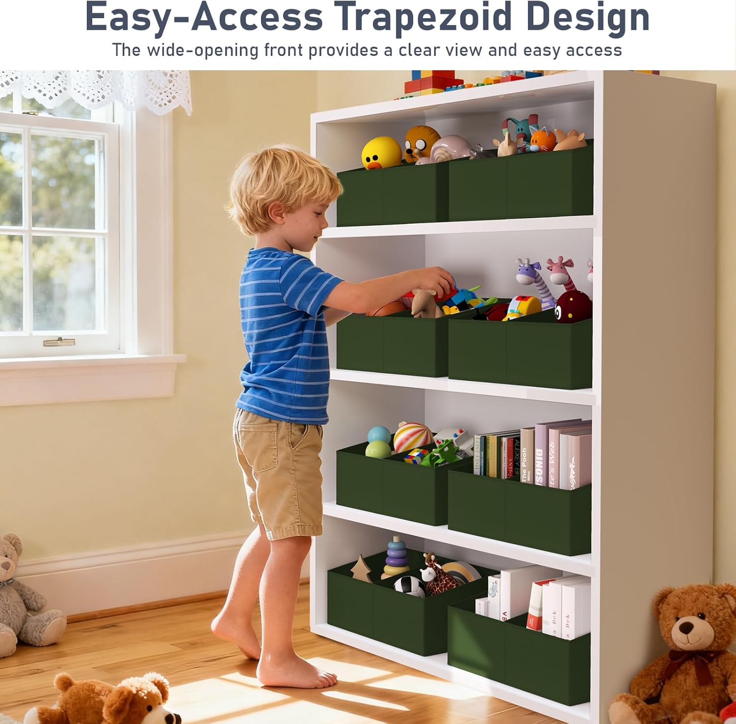 DIMJ Large Closet Shelf Organizer Bins 6 Packs with Handles and Divider, Fabric Trapezoid Storage Baskets, Foldable Clothes Containers Box for Shelf, Towel, Book, Toy, Purse, Hats, Green