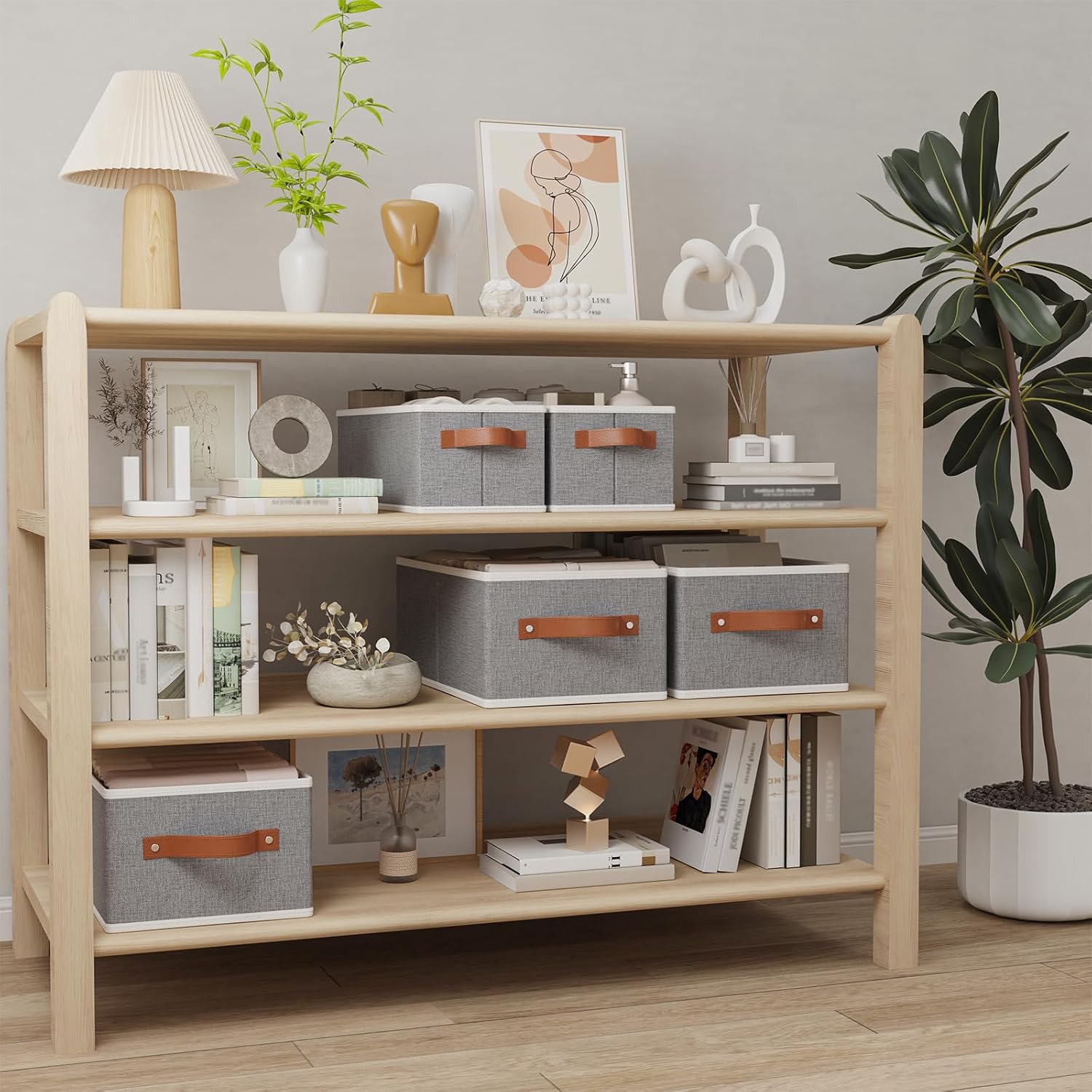 OUTBROS Storage Bins, Foldable Baskets for Organizing, Fabric Boxes With Handles, For bedrooms, living rooms, Shelves, Grey, 15 x 6.1 x 5.1 inch, 6-Pack