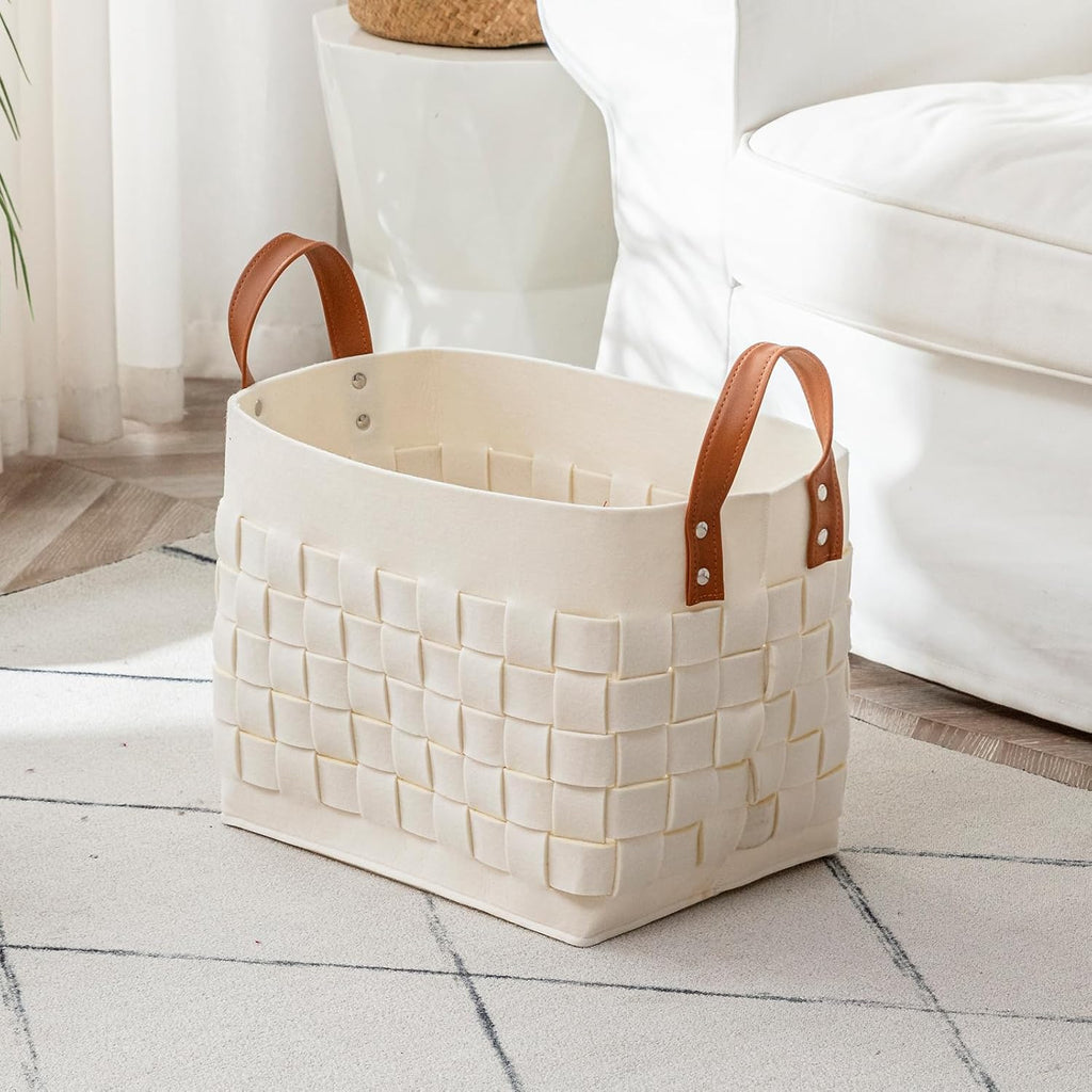 BOLDMONEKY Blankets Basket 16.5 " x13 " x13 " , Large Rectangular Laundry Hamper with Leather Handle, Soft Dog Toy Basket for Storage-Beige