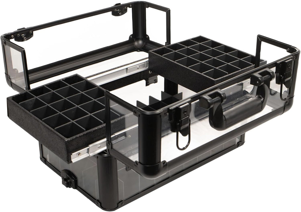Ver Beauty Professional Armored Clear Acrylic Makeup Nail Tech Case with 2 Sliding Trays and Removable Dividers for Nail Polish Organizer Lockable Portable Travel Cosmetic Display Aluminum Case