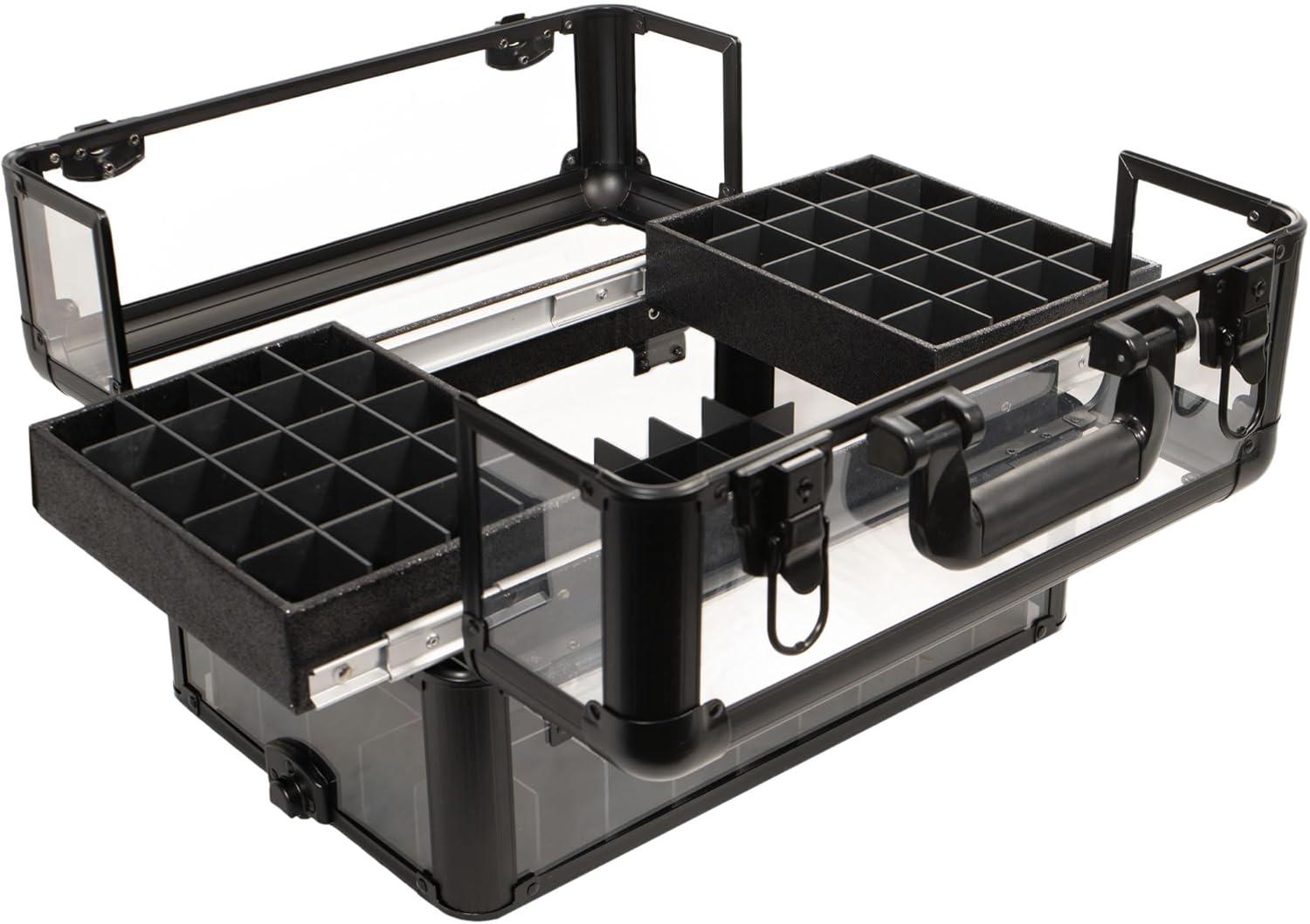 Ver Beauty Professional Armored Clear Acrylic Makeup Nail Tech Case with 2 Sliding Trays and Removable Dividers for Nail Polish Organizer Lockable Portable Travel Cosmetic Display Aluminum Case