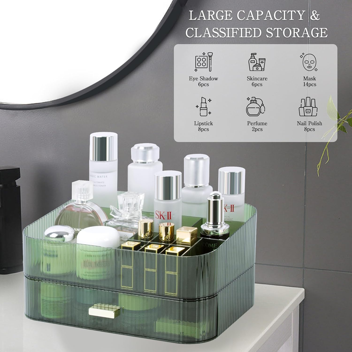 Makeup Organizer with Stackable Drawer, Large Capacity Vanity Organizer for Dresser Bathroom Countertop, Cosmetics Organizer and Display Case for Skincare, Perfume, Makeup Brushes, Lipsticks, Green