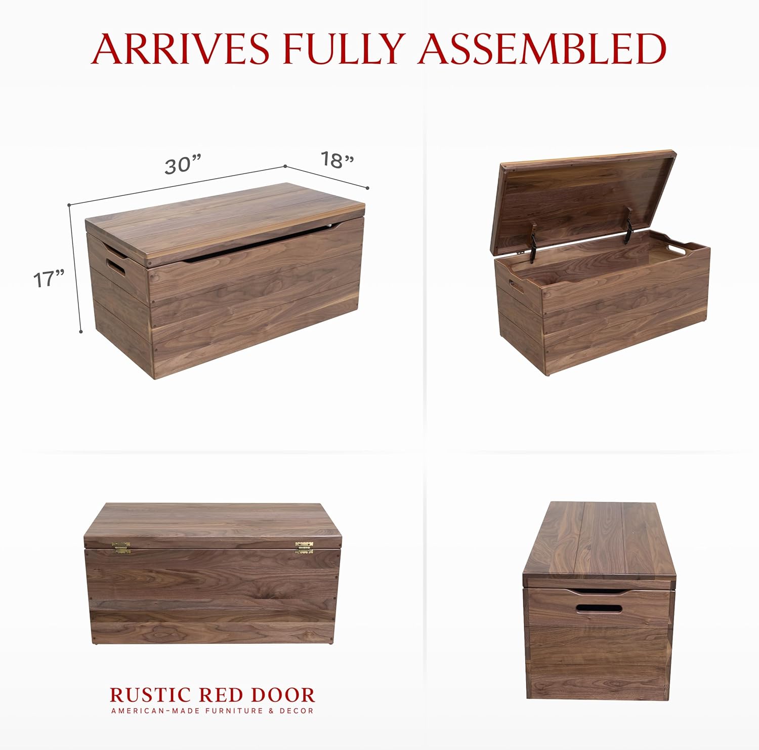 Amish Made Wooden Storage Chest Trunk Box with Lid and Handles for Bedroolanket, Clothes, Anti-Slam Hinges, Handmade, Rustic, Walnut Wood, Natural Stain, 30"