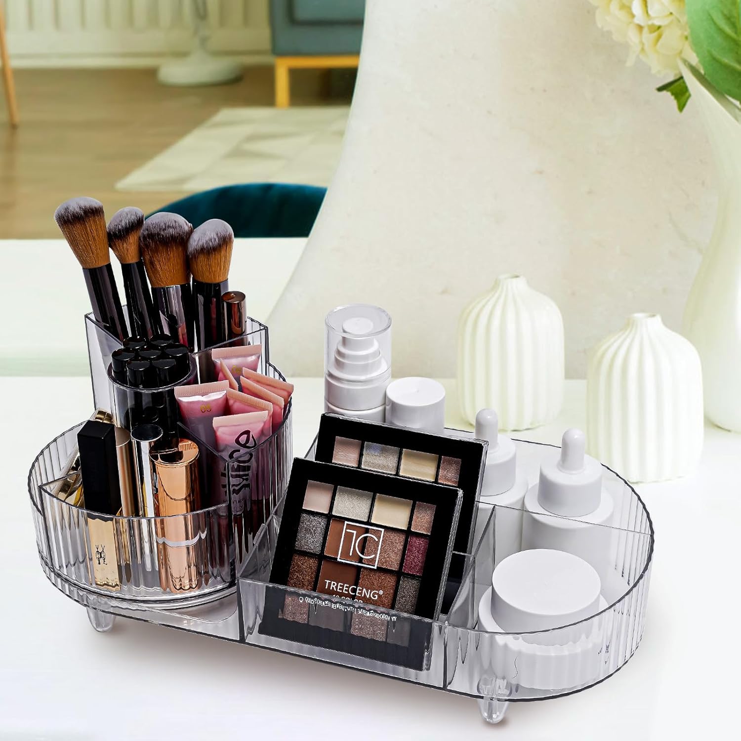 Cosmetic Makeup Storage Organizer, Countertop Makeup Perfume, Rotating Makeup Organizer for Vanity with Brush Holder, Lotions Display Case, Large Spinning Makeup Skincare Organizer (Transparent)