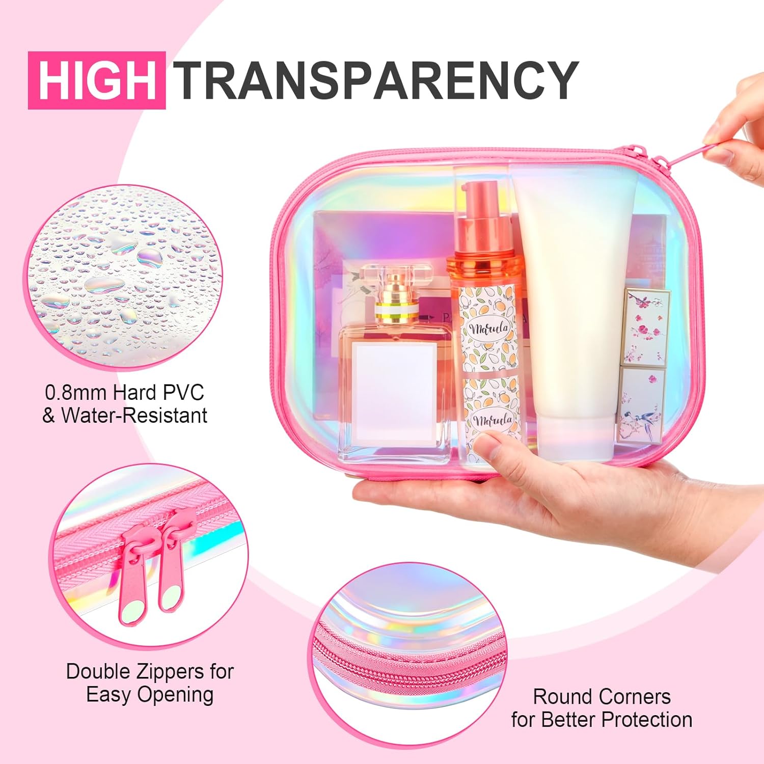 Sanwuta 6 Pcs Clear Hard Zipper Case Hard Plastic Zipper Pouches Transparent Makeup Bag Pencil Pouches for Travel Snacks Christmas Trinket Storage Organizer Box(Holographic,7.87 x 5.9 x 2 Inch)