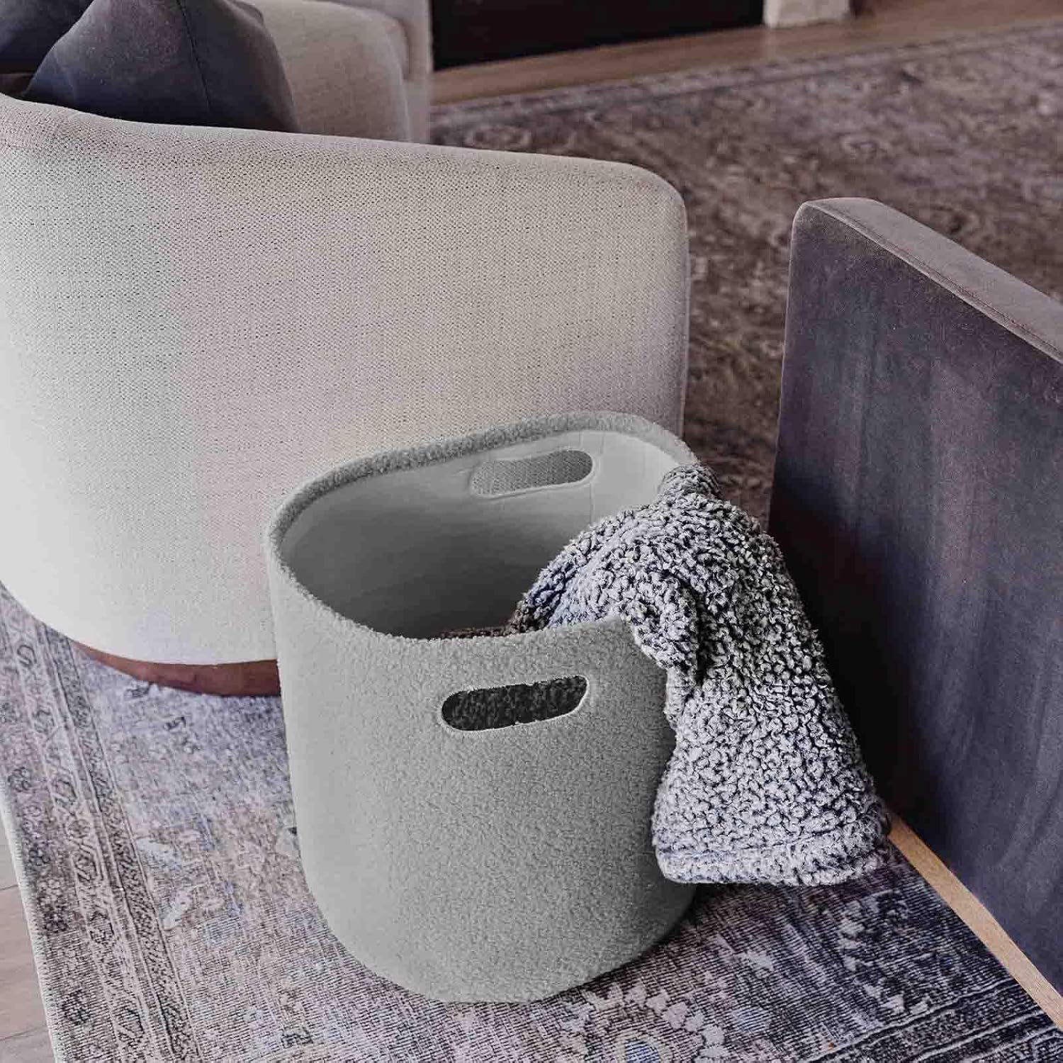 PUTSKA Basket – Round Storage for Toys, Clothes, Stuffed Animals – Soft Baby Girl Basket for Nursery, Kids Room, Bedroom, Living Room – Large, Grey