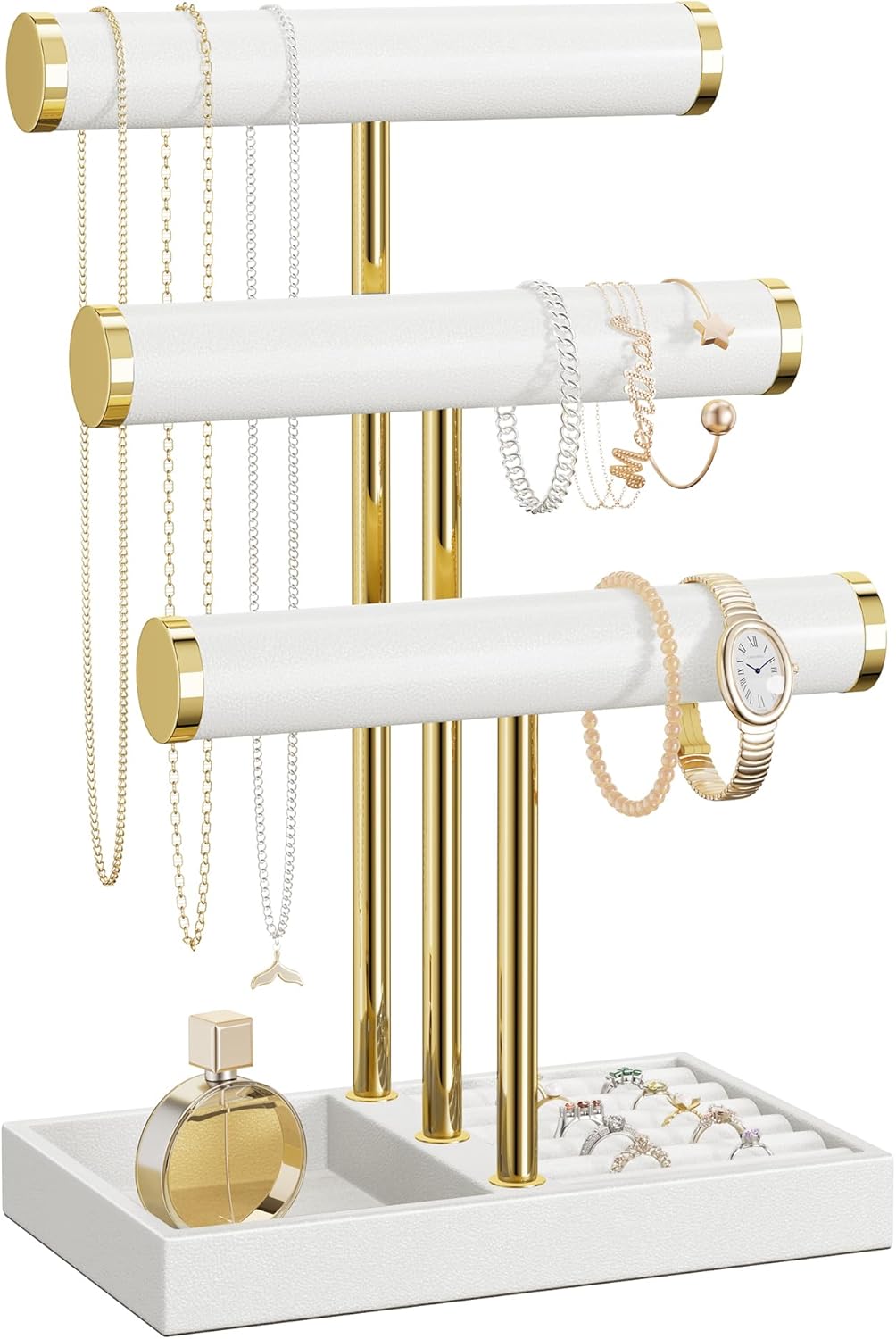 3 Tier Bracelet Holder Display - White Leather Bracelet Holder, Detachable T Bar Jewelry Holder Organizer for Bracelet, Necklace, Earrings, Rings, Watches, Bangle