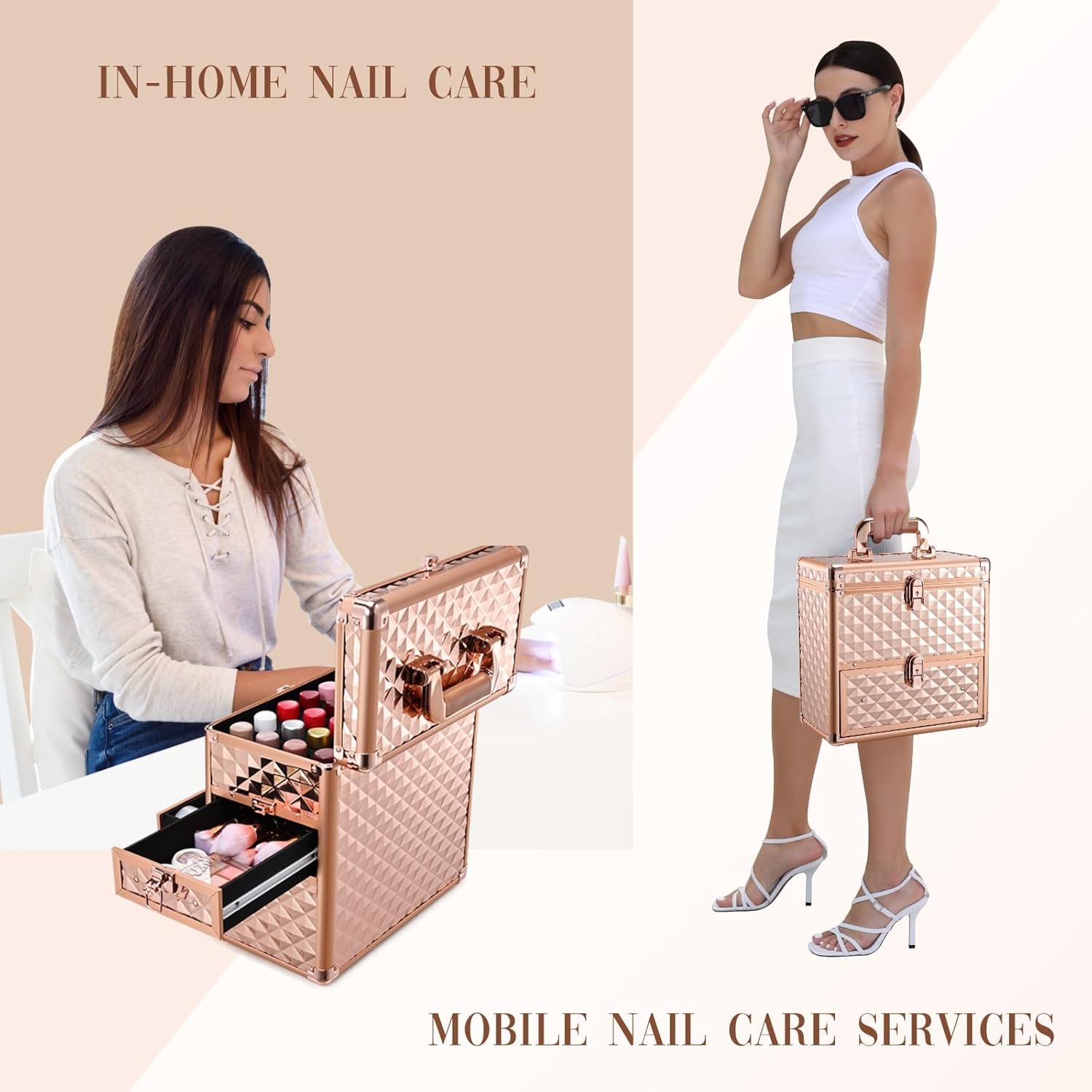 Makeup Train Case Professional Makeup Organizer Case with Drawer Mirror Extra Large Makeup Manicure Accessory with Dividers Travel Cosmetic Case for Cosmetologist Nail Tech Kits Makeup Case Rose Gold