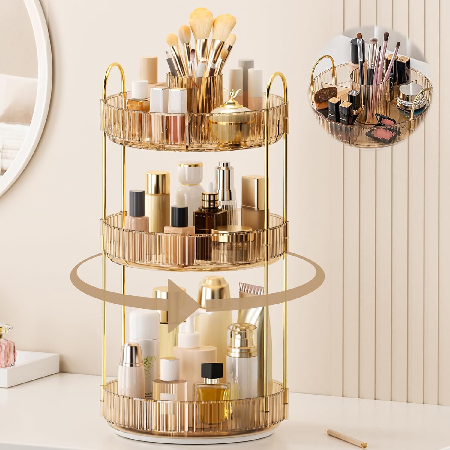 360° Rotating Makeup Organizer, Upgraded 3 Tier Skincare Perfume Organizers for Women, Bathroom Organizer Countertop, Clear Cosmetic Dresser Organizer with Makeup Brush Holder, Sink&Counter(Amber)