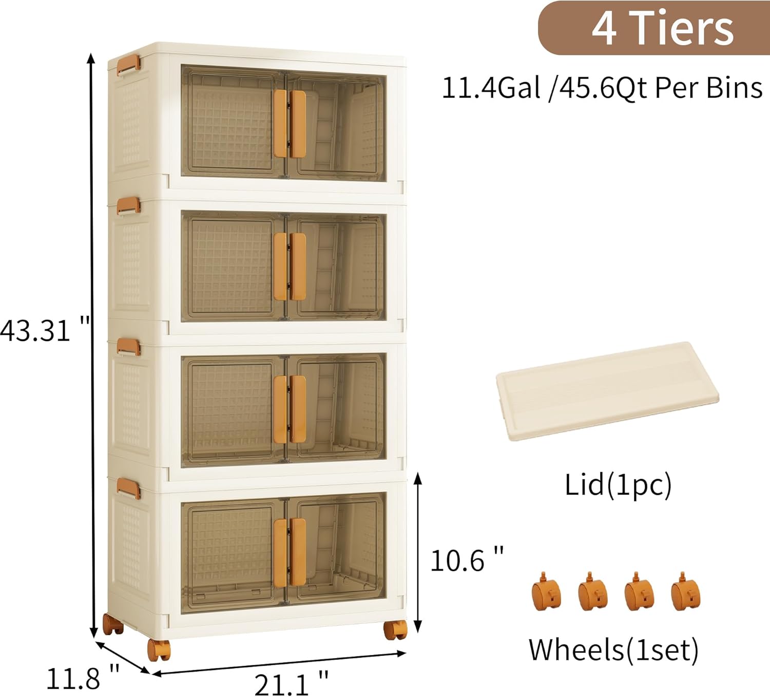 Plastic Stackable Storage Bins with Lids and Wheels, Foldable Closet Organizers and Storage Containers, Collapsible Clear Drawer Storage Cabinet with Doors Ivory White 182.4 QT