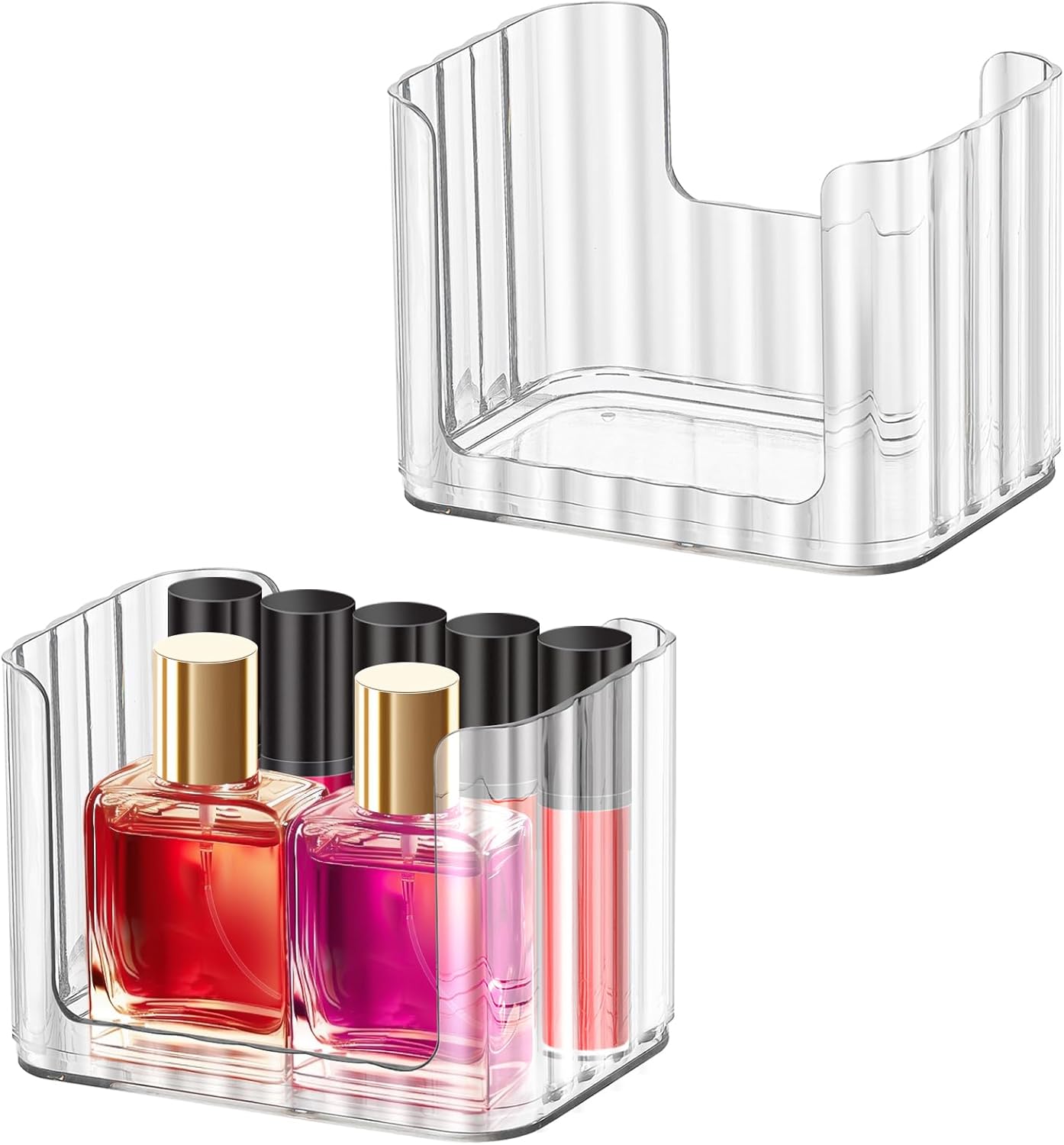 Poeland 2 Pack Stackable Makeup Organizer Tray, Medicine Cabinet Organizer, Clear Cosmetic Display Case for Cabinet, Counter, Vanity