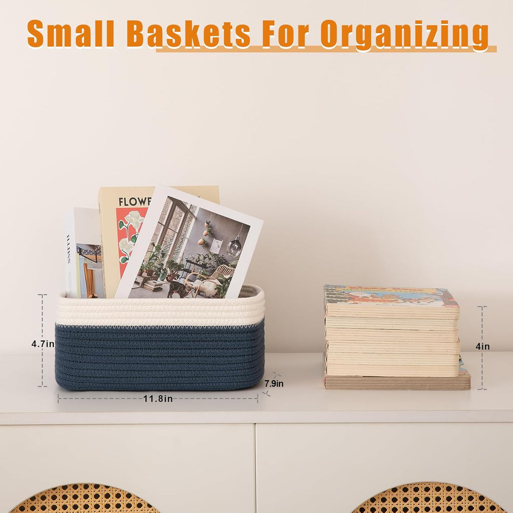 OIAHOMY 4 Pack Storage Baskets for Organizing, Small Bins for Shelves, Cute Decorative Storage Bins, Organizer Baskets for Gifts Empty, 11.8''Lx7.8''Wx4.7''H, Blue/White