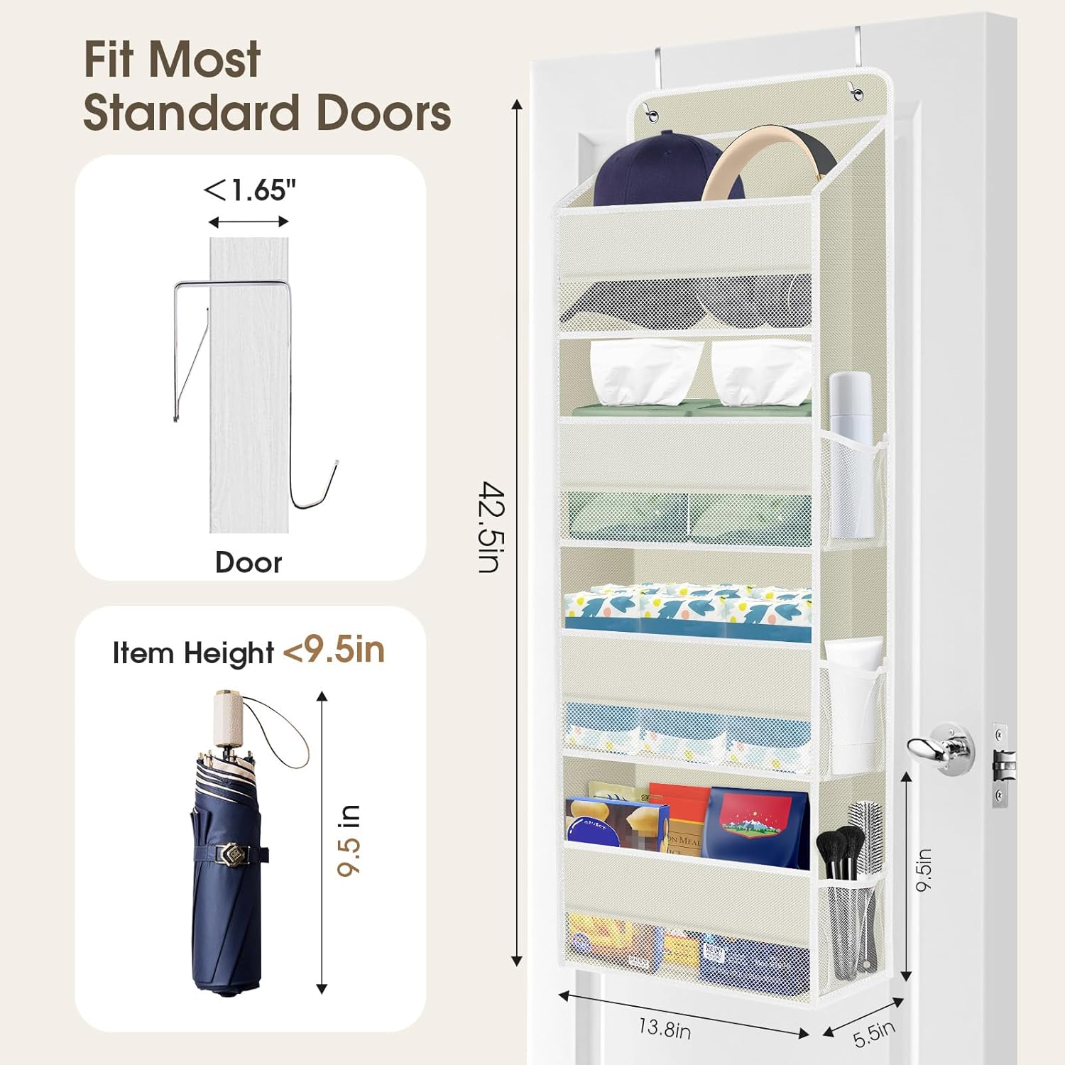 1 Pack Over The Door Organizer, Hanging Storage Organizer with Clear Window, 40lb Ultra Sturdy Large Capacity Room Organizer for Pantry Bathroom Nursery Closet Baby Essential (Beige)