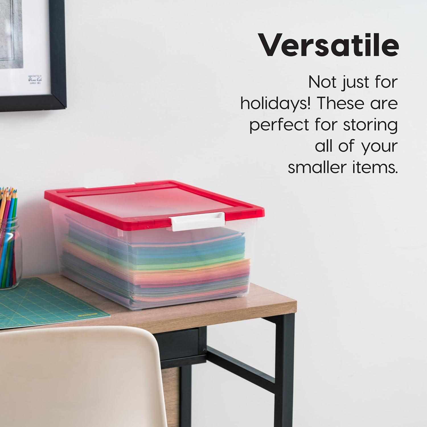 IRIS USA 12 Qt. Plastic Storage Bins Containers with Lids, 4 Pack, Sensory Bin, Craft Storage, Craft Organizers and Storage, Organizing Container for Home, Office School Supplies, Stackable, Clear/Red