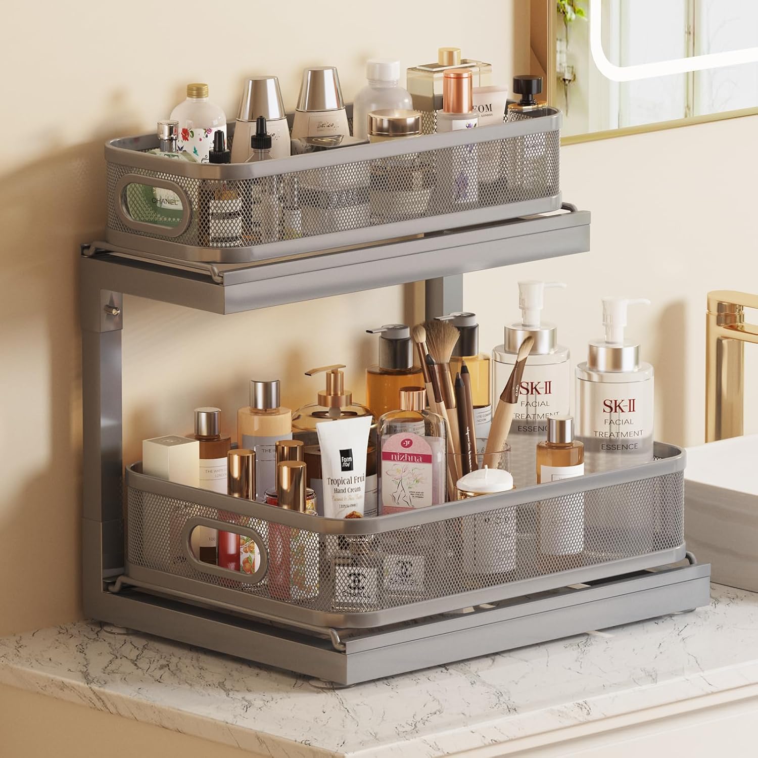 1-Pack Under Sink Storage Organizer with 2-Tier Slide Out Drawer, Sophisticated Mesh Pull Out Shelf for Kitchen & Bathroom, Fits Small Items, Upgraded Arched Track for Smooth Gliding-Gun Gray