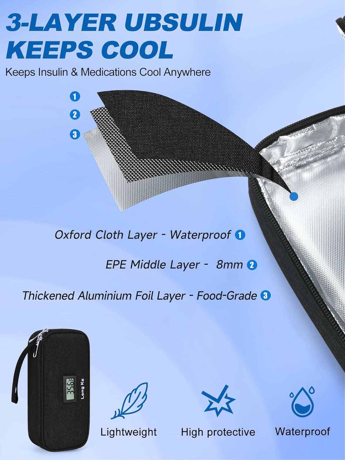 Insulin Cooler Travel Case, TSA Approved Refrigerated Medicine Travel Bag with Protective Ice Brick, Temperature Display Diabetic Medication Cooling Bag for Pen & Vials (Black)