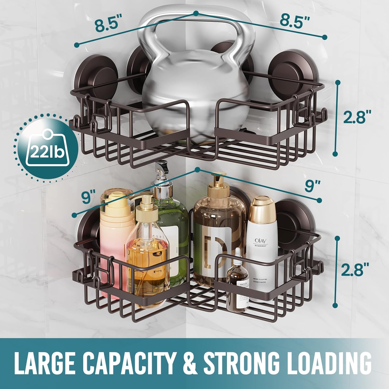 TAILI 2 Pack Powerful Suction Cup Shower Caddy Corner-adaptive, Stainless Steel Rustproof Shower Shelves with Hook, Drill-Free Wall Suction Baskets, Large Capacity Removable Bathroom Organizer, Brown