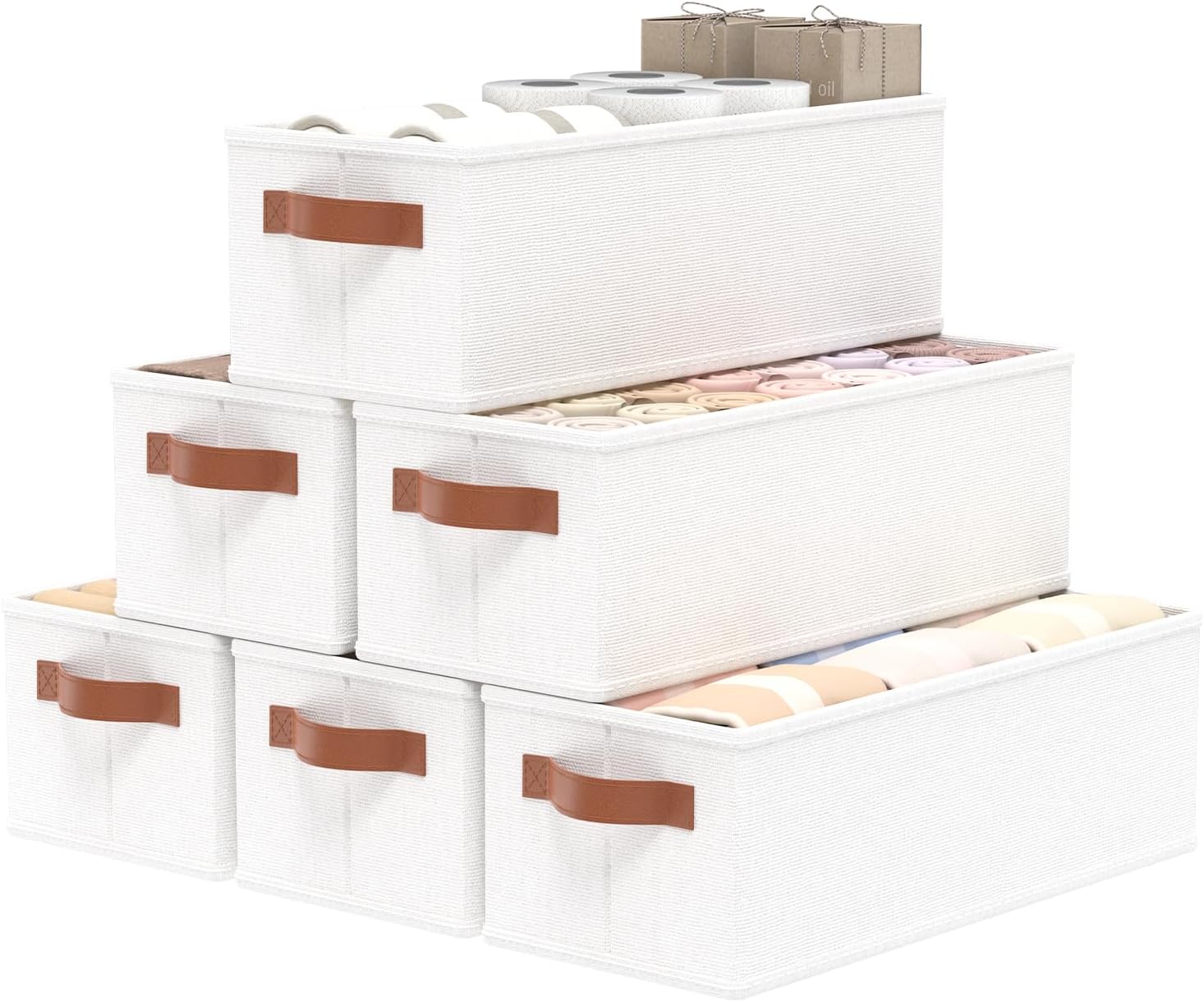 OUTBROS Storage Boxes, Fabric Bins With Handles, Foldable Baskets for Organizing, For bedrooms, living rooms, Shelves, White, 15 x 6.1 x 5.1 inch, 6-Pack