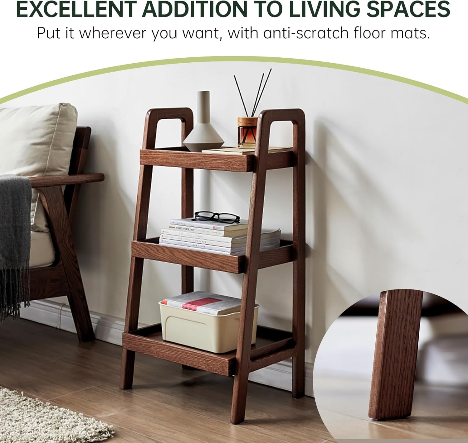100% Solid Oak 3 Tier Ladder Shelf, Small Bookshelf, Ladder Bookshelf, Bookcase with Stable Frame, Small Table for Living Room Bedroom(Walnut, 12.6" L x 17.72" W x 31.5" H)