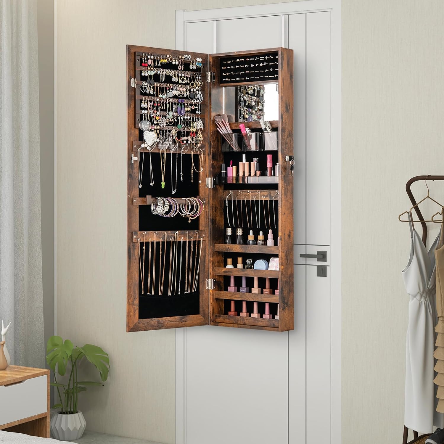CHARMAID Jewelry Cabinet Wall or Door Mounted, Hanging Lockable Jewelry Armoire Storage with Full Length Mirror, Interior Makeup Mirror, Over the Door Jewelry Organizer Box with Mirror (Rustic Brown)