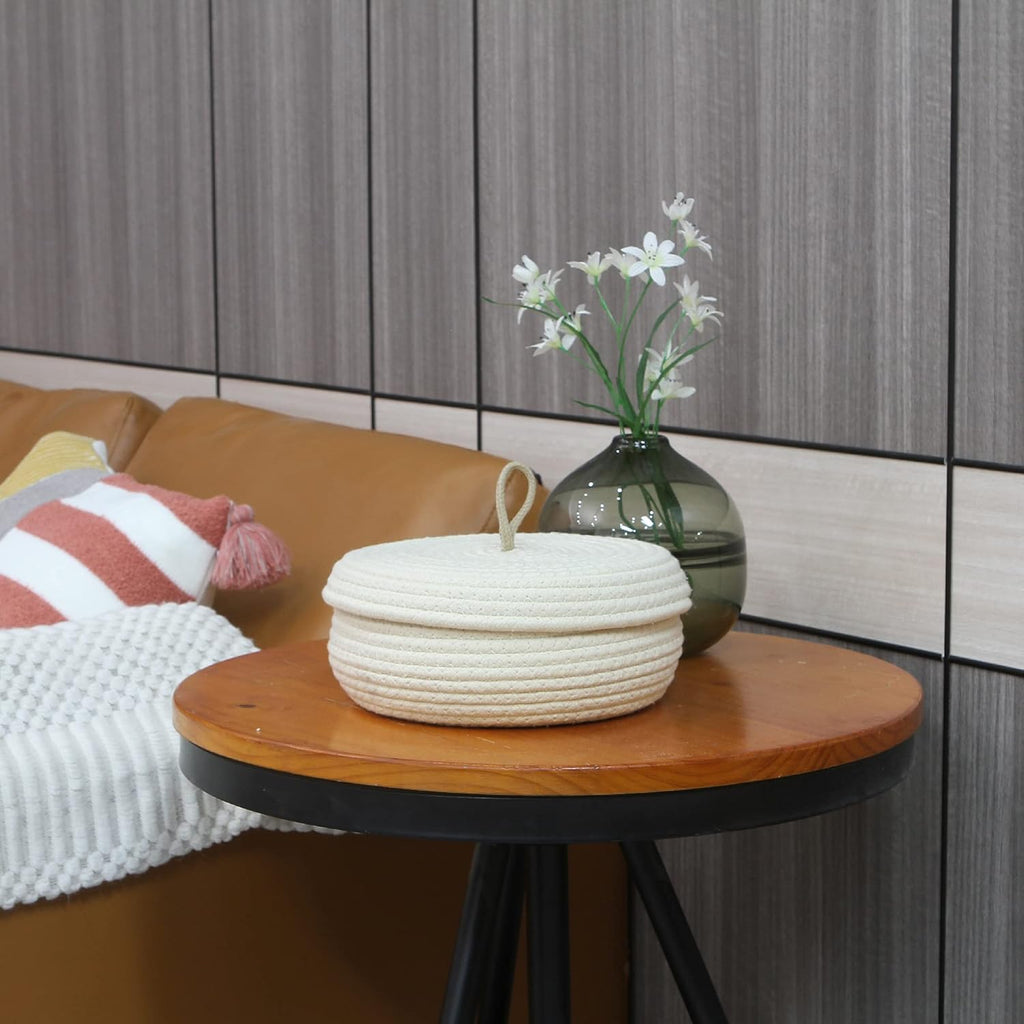 Sea Team Round Cotton Rope Storage Basket with Lid, Decorative Woven Storage Bin, Pot, Caddy, Organizer, Container for Snacks, Towels, Plants, 10 x 4.5 Inches (Small, Shallow, Cream)