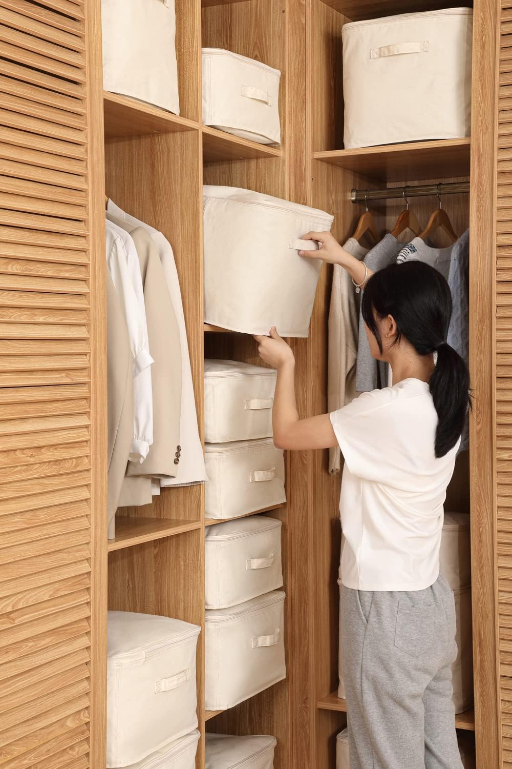 Decorative Basket Rectangular Fabric Storage Bin Organizer Basket with Handles for Clothes Storage (13.7 x 13.7 x 6.29, Beige)