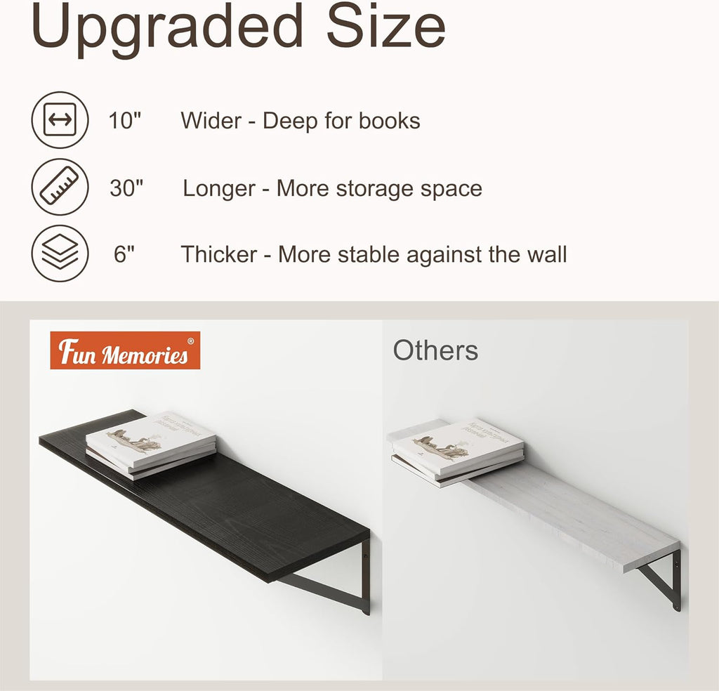 10 Inch Deep Floating Shelves, Black Floating Shelves 30 Inch Long, Rustic Wood Wall Shelves 30"W x 10"D, Deep Floating Shelf with Bracket, Wide Storage Shelves for Books, Living Room, Bathroom