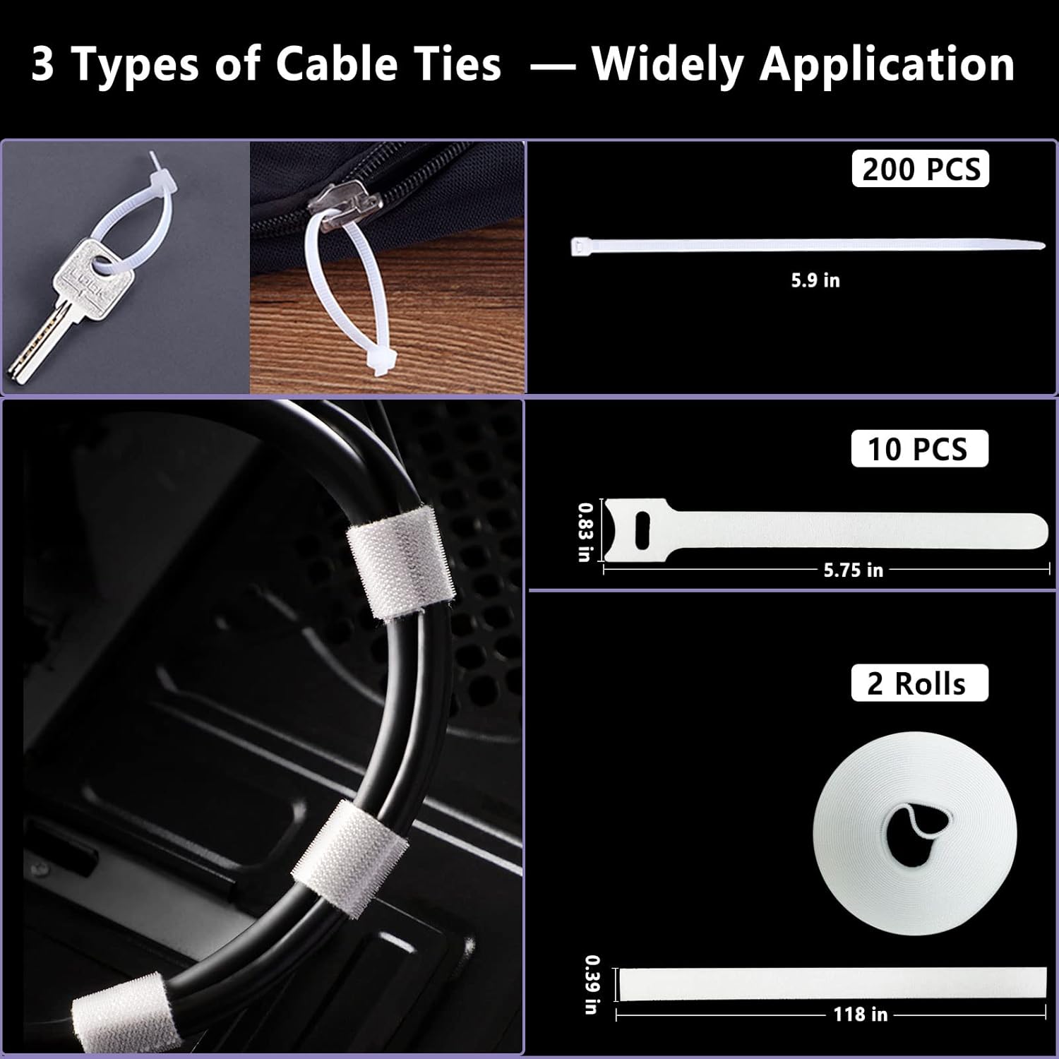 White Cable Management Organizer Kit 4 Cable Sleeve Split,47Cable Clips 12Cord Clips Holder,22 Cable Ties, 20 Adhesive Wall Cable Tie, 200Fasten Cable Ties for TV Electronics
