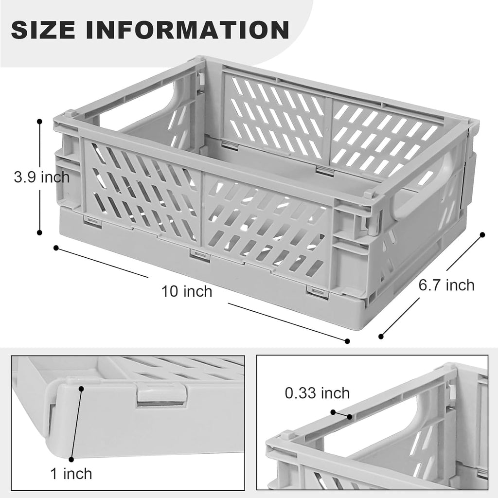 Pastel Plastic Storage Baskets 2 Pack, Collapsible Crates for Organizing, Space-Saving Bins for Kitchen, Office, Bedroom (Grey, Medium:9.8" x 6.5" x 3.8")