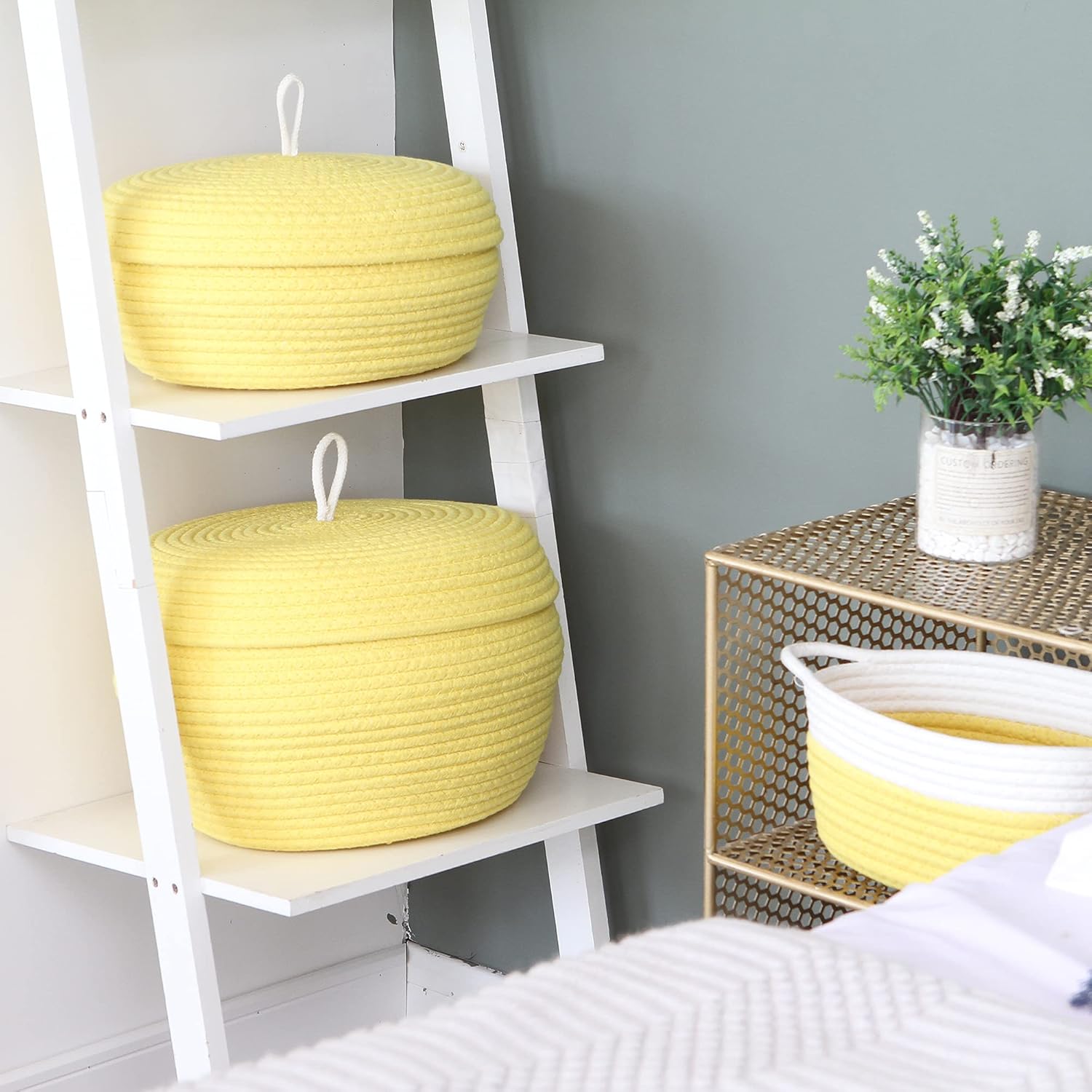 Sea Team Round Cotton Rope Storage Basket with Lid, Decorative Woven Storage Bin, Pot, Caddy, Organizer, Container for Snacks, Towels, Plants, 13 x 5.5 Inches (Large, Shallow, Yellow)