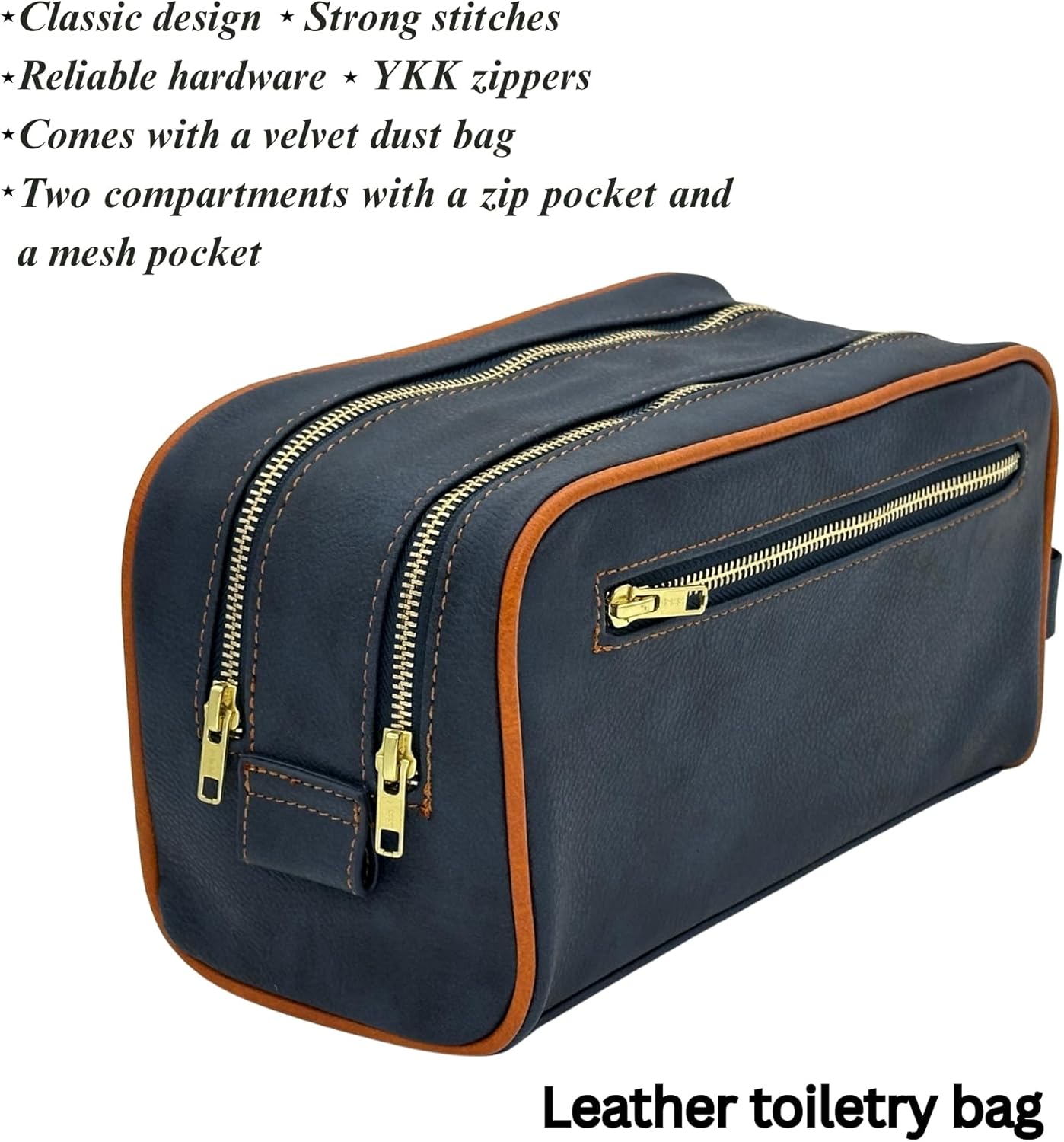 Dopp Gift Large Travel Toiletry Bag Premium Quality PU Leather Two compartments YKK Zippers Water-resistant Bottom Studs Mesh Pockets Durable Cosmetic Organizer NAVY BLUE/ORANGE