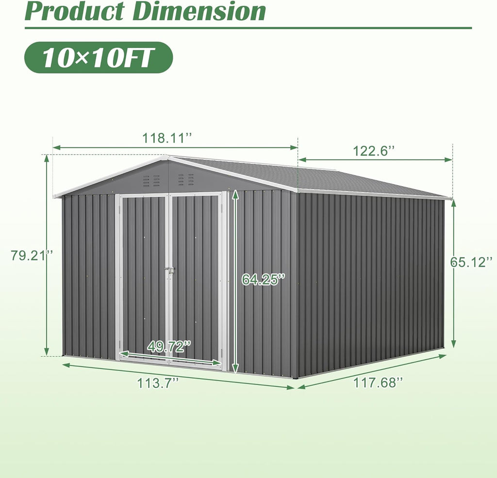 10 x 10 FT Outdoor Shed, Metal Storage Garden Shed with Lockable Door, Large Space Tool Shed for Backyard, Patio, Lawn