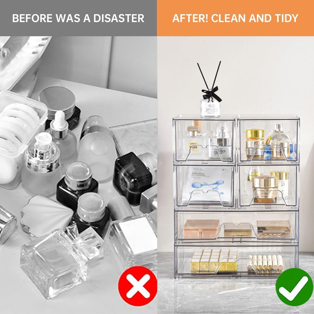 Stackable Makeup Organizer Storage Drawers Set of 6, Clear Plastic Organizer Bins for Beauty Supplies,Ideal for Vanity, Bathroom,Cabinet,Pantry Organization (2Long 4 Short)